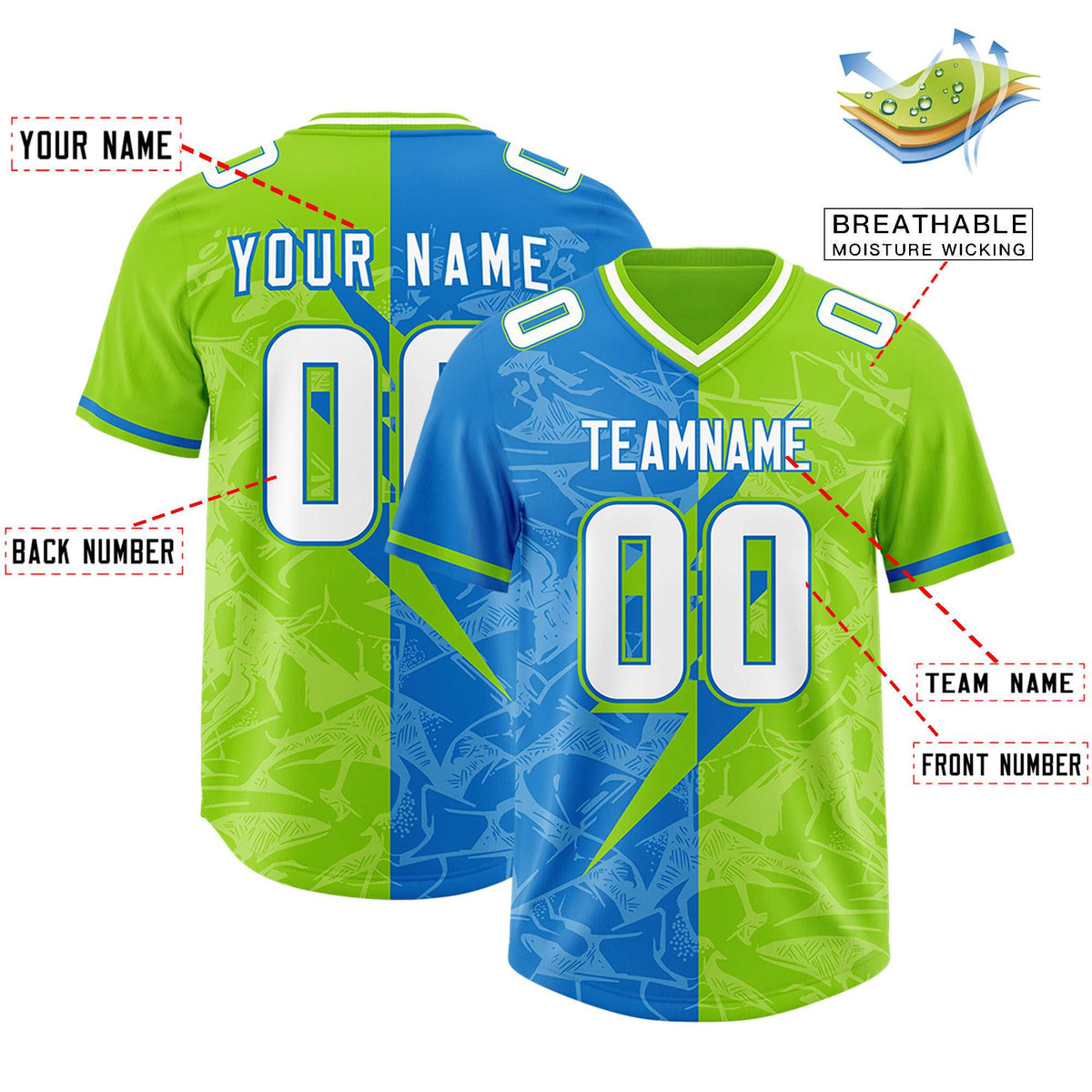 Custom Neon Green Panther Blue Split Personalized Lightning Pattern American Football Jersey