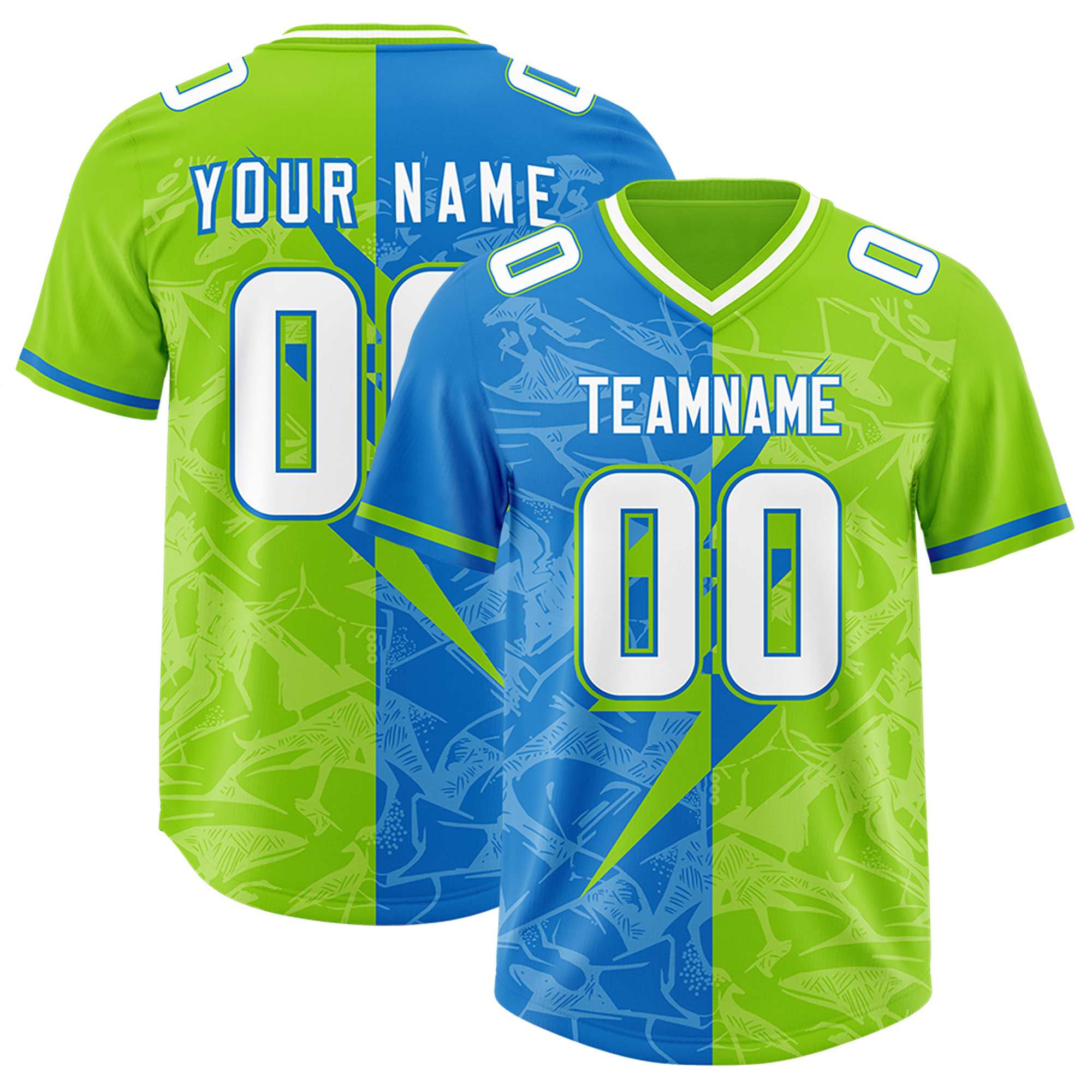 Custom Neon Green Panther Blue Split Personalized Lightning Pattern American Football Jersey