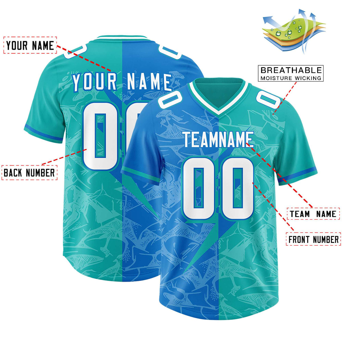 Custom Panther Blue Aqua Split Personalized Lightning Pattern American Football Jersey