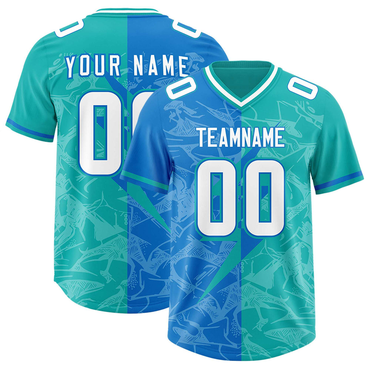 Custom Panther Blue Aqua Split Personalized Lightning Pattern American Football Jersey