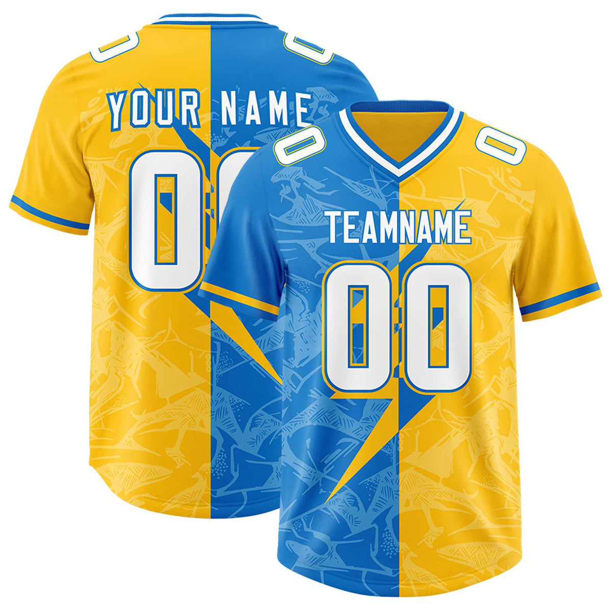 Custom Panther Blue Gold Split Personalized Lightning Pattern American Football Jersey