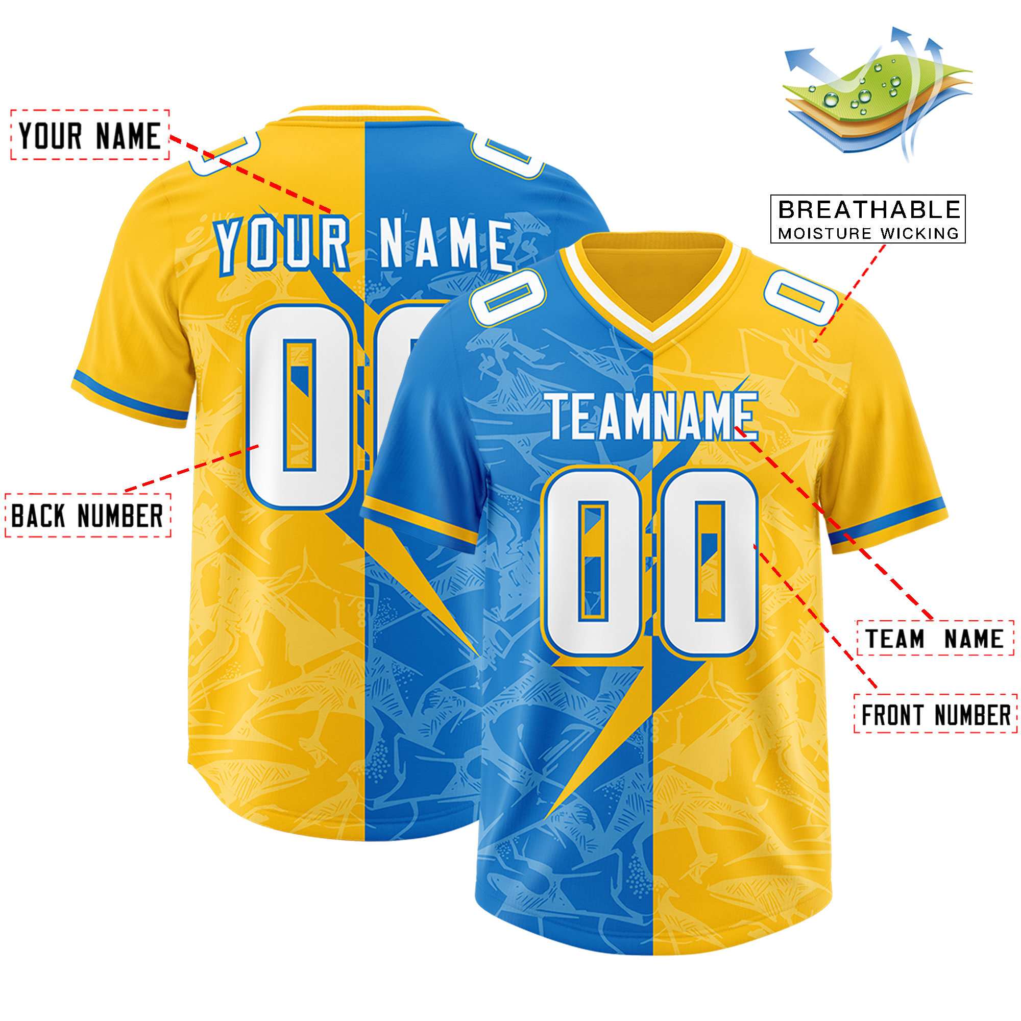 Custom Panther Blue Yellow Split Personalized Lightning Pattern American Football Jersey