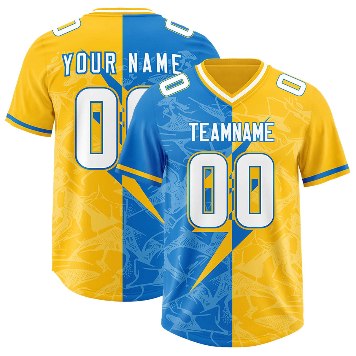 Custom Panther Blue Yellow Split Personalized Lightning Pattern American Football Jersey