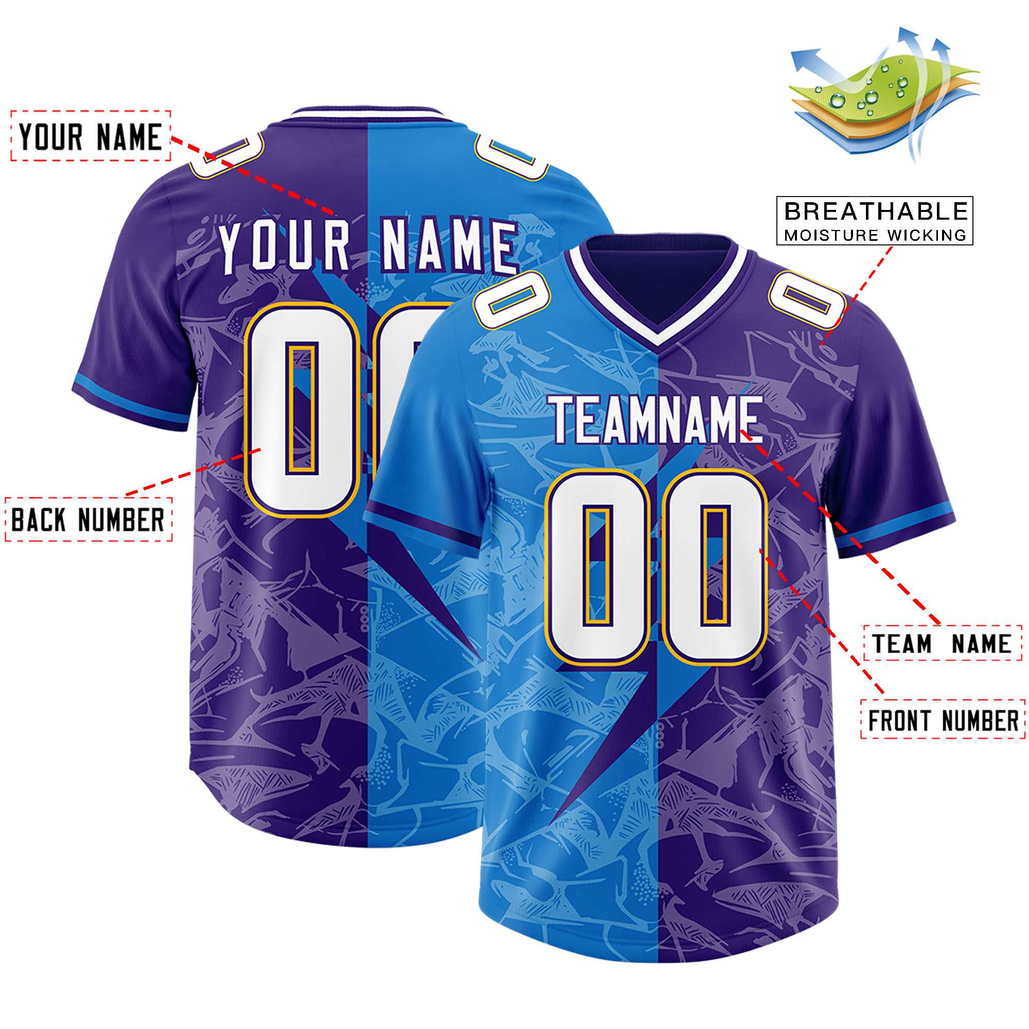 Custom Panther Blue Purple Split Personalized Lightning Pattern American Football Jersey