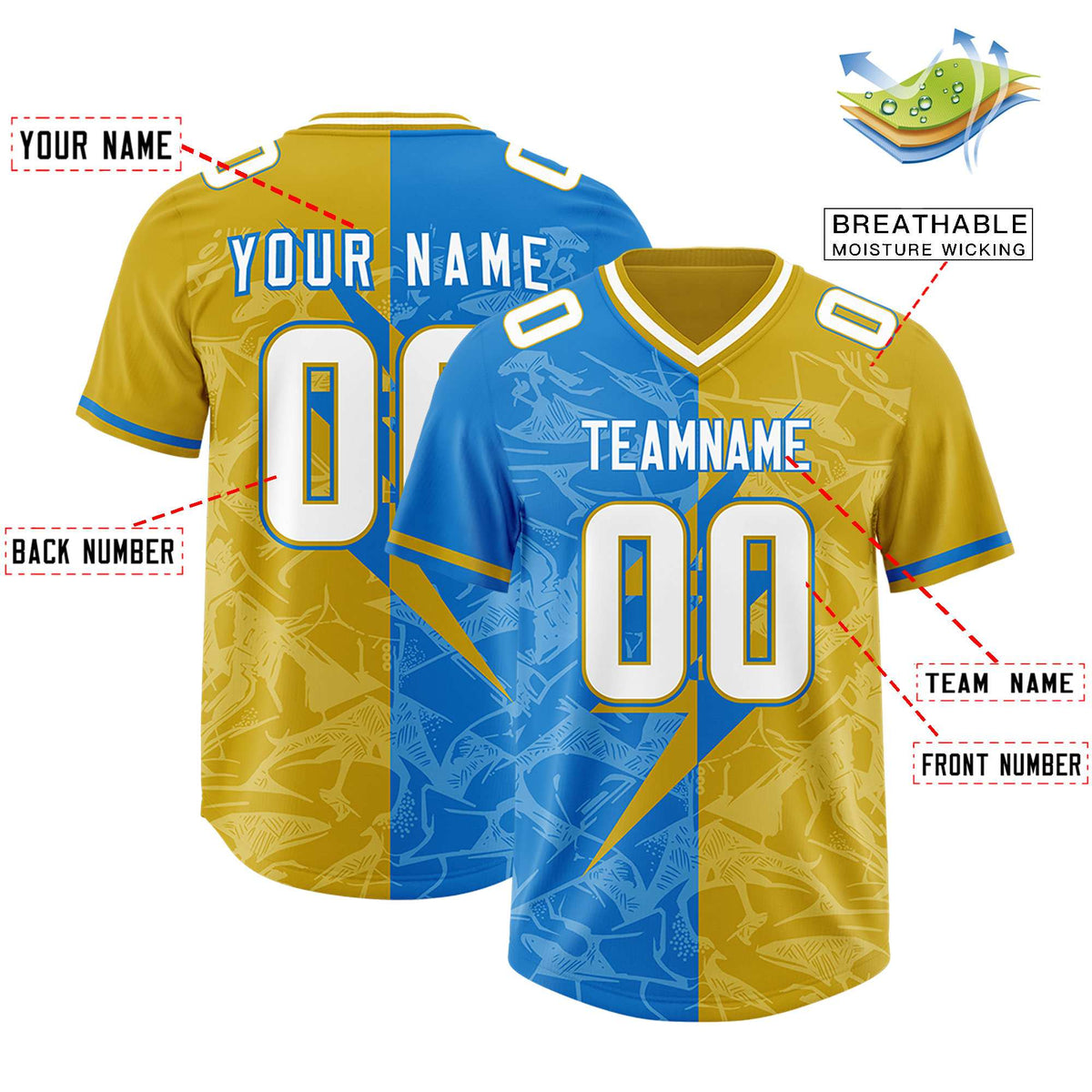 Custom Panther Blue Old Gold Split Personalized Lightning Pattern American Football Jersey