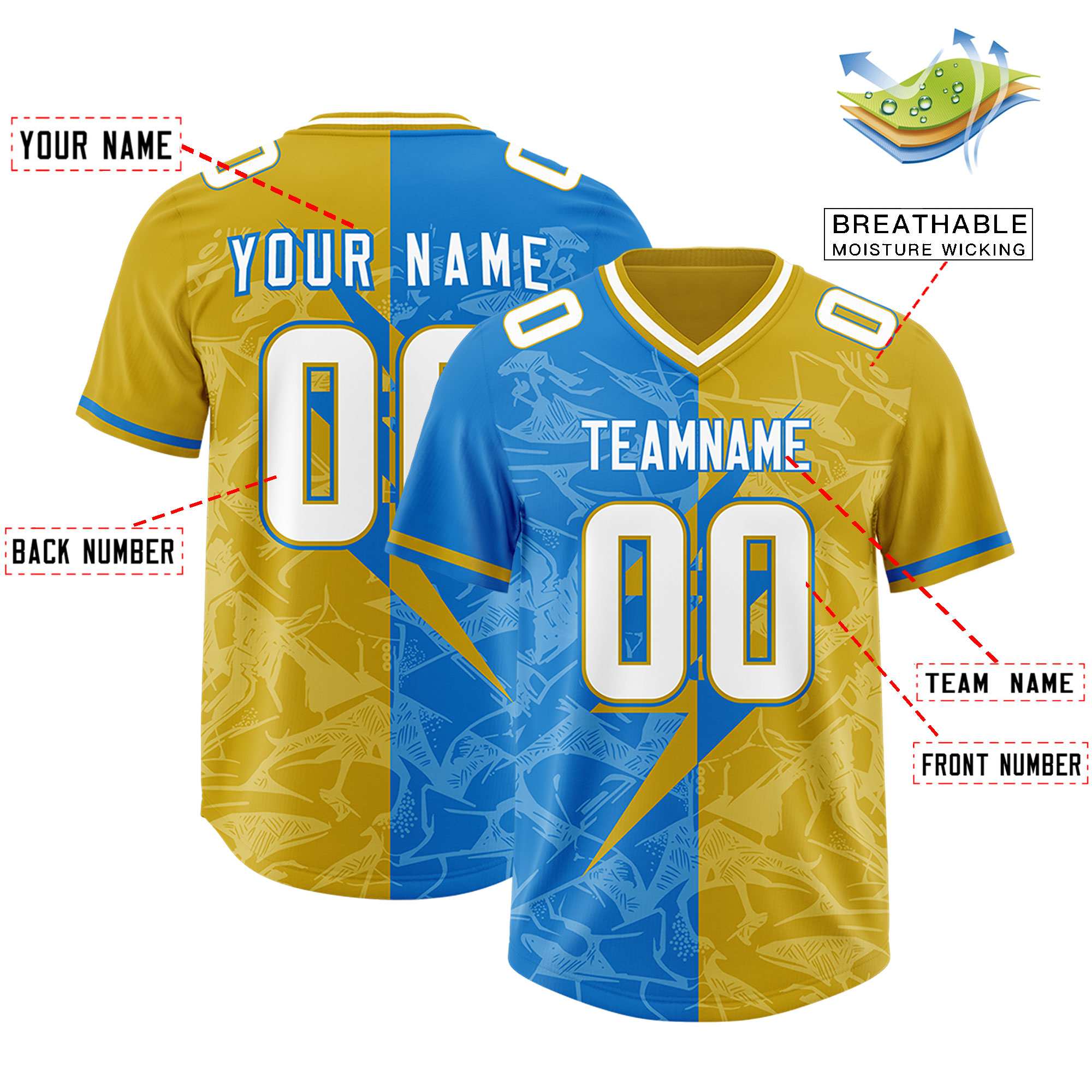 Custom Panther Blue Old Gold Split Personalized Lightning Pattern American Football Jersey