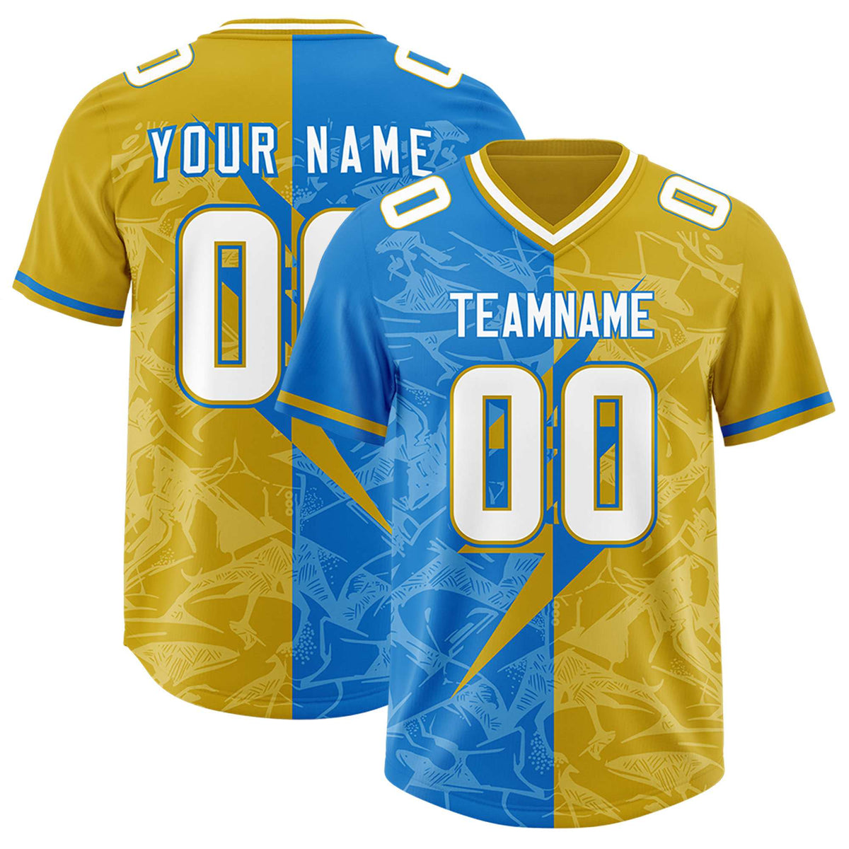 Custom Panther Blue Old Gold Split Personalized Lightning Pattern American Football Jersey