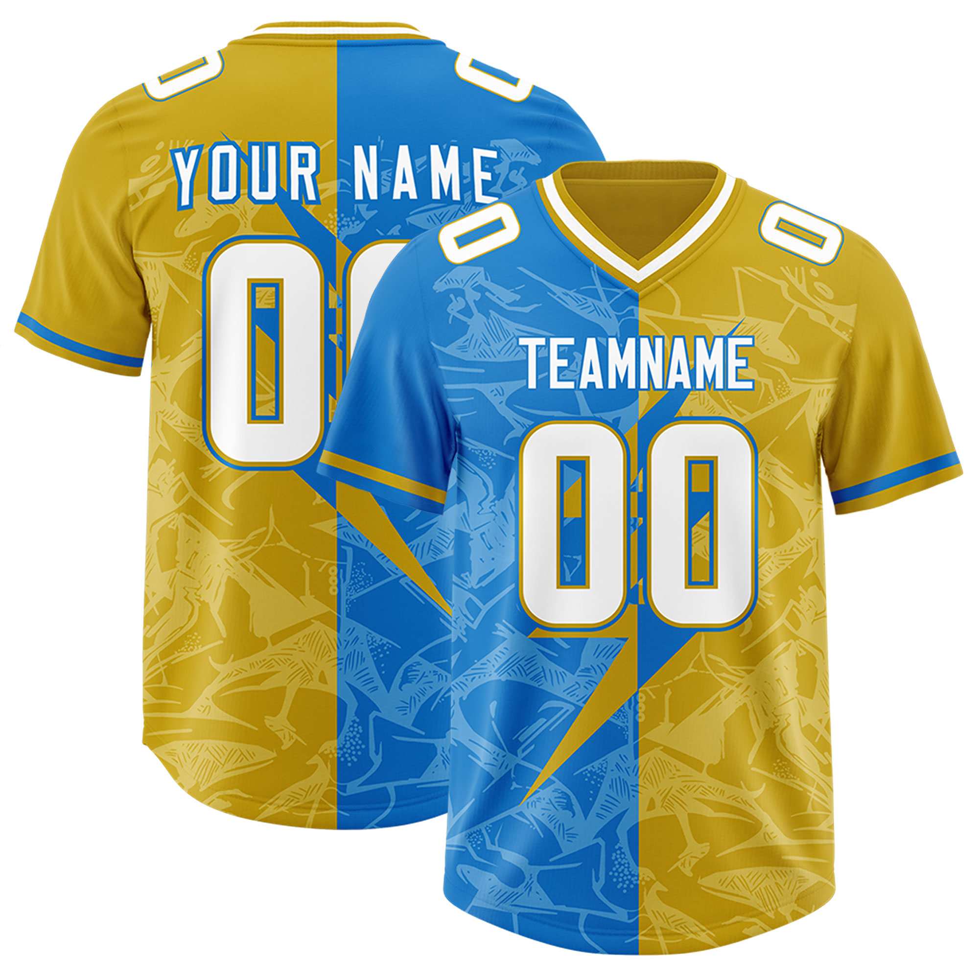 Custom Panther Blue Old Gold Split Personalized Lightning Pattern American Football Jersey
