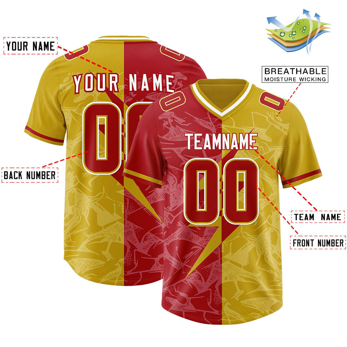 Custom Old Gold Red Split Personalized Lightning Pattern American Football Jersey