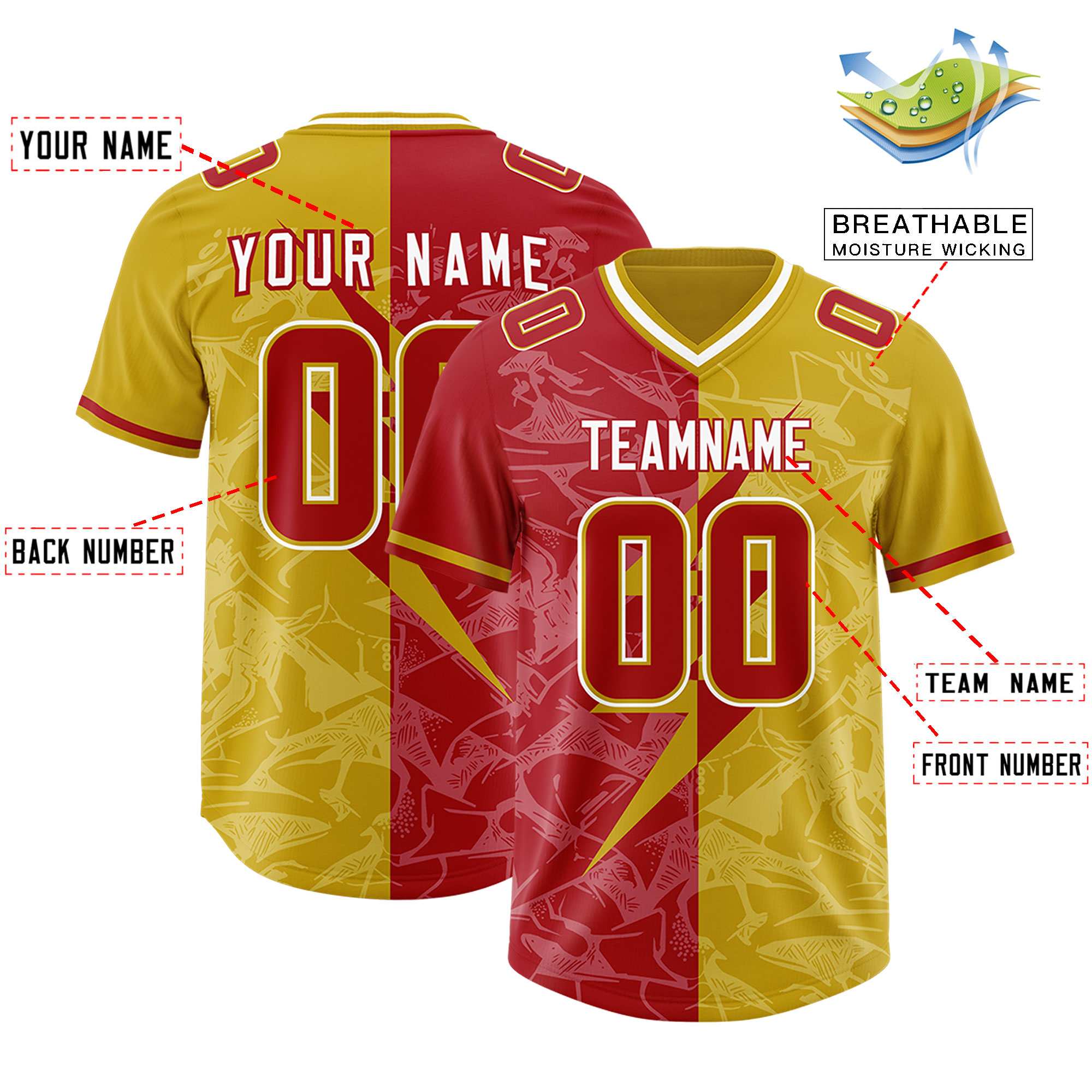 Custom Old Gold Red Split Personalized Lightning Pattern American Football Jersey
