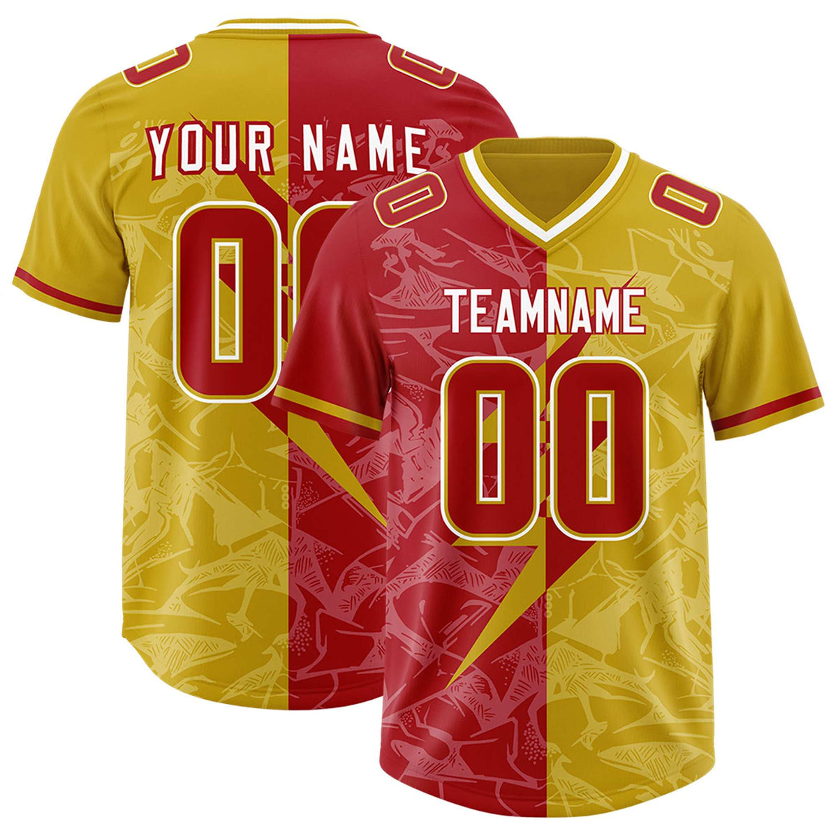 Custom Old Gold Red Split Personalized Lightning Pattern American Football Jersey