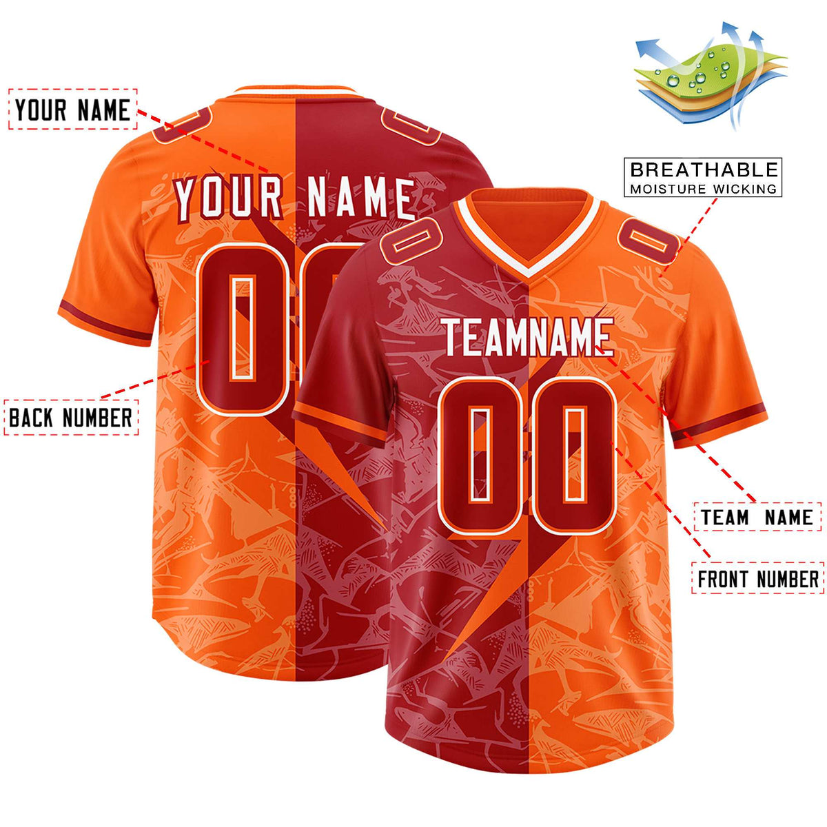 Custom Red Orange Split Personalized Lightning Pattern American Football Jersey
