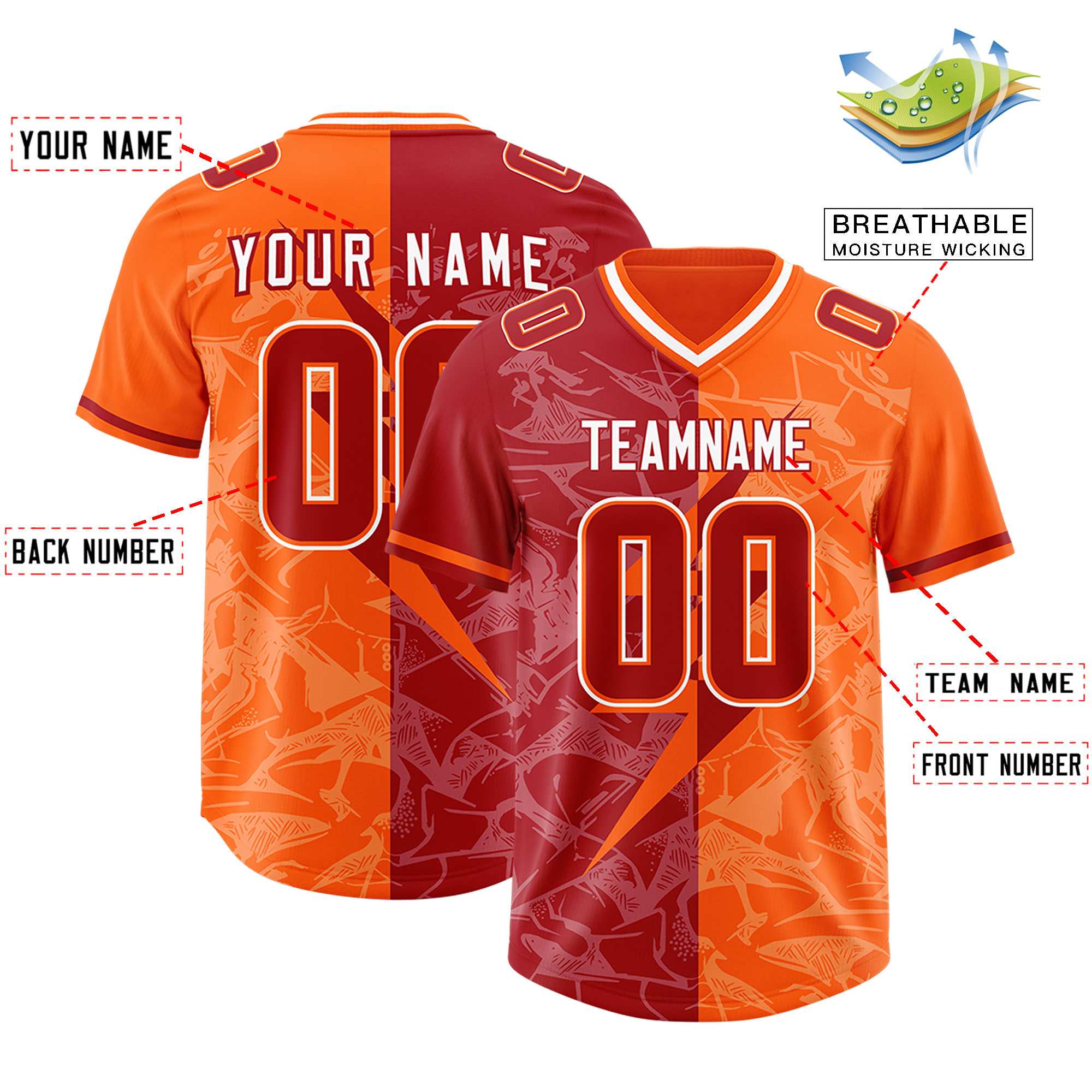 Custom Red Orange Split Personalized Lightning Pattern American Football Jersey