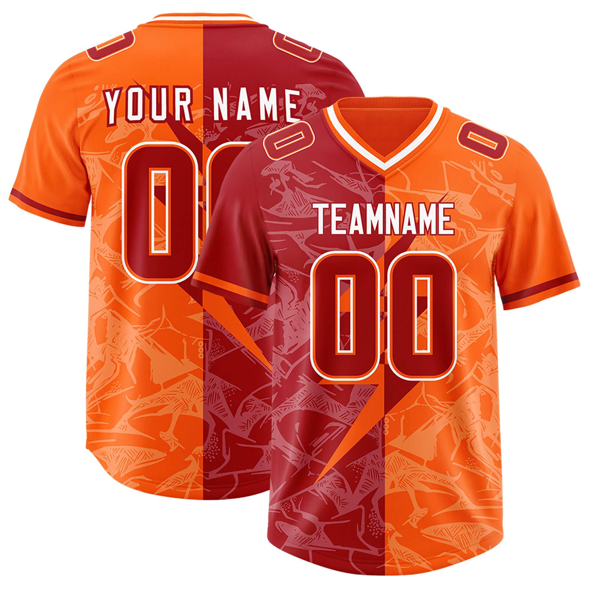 Custom Red Orange Split Personalized Lightning Pattern American Football Jersey