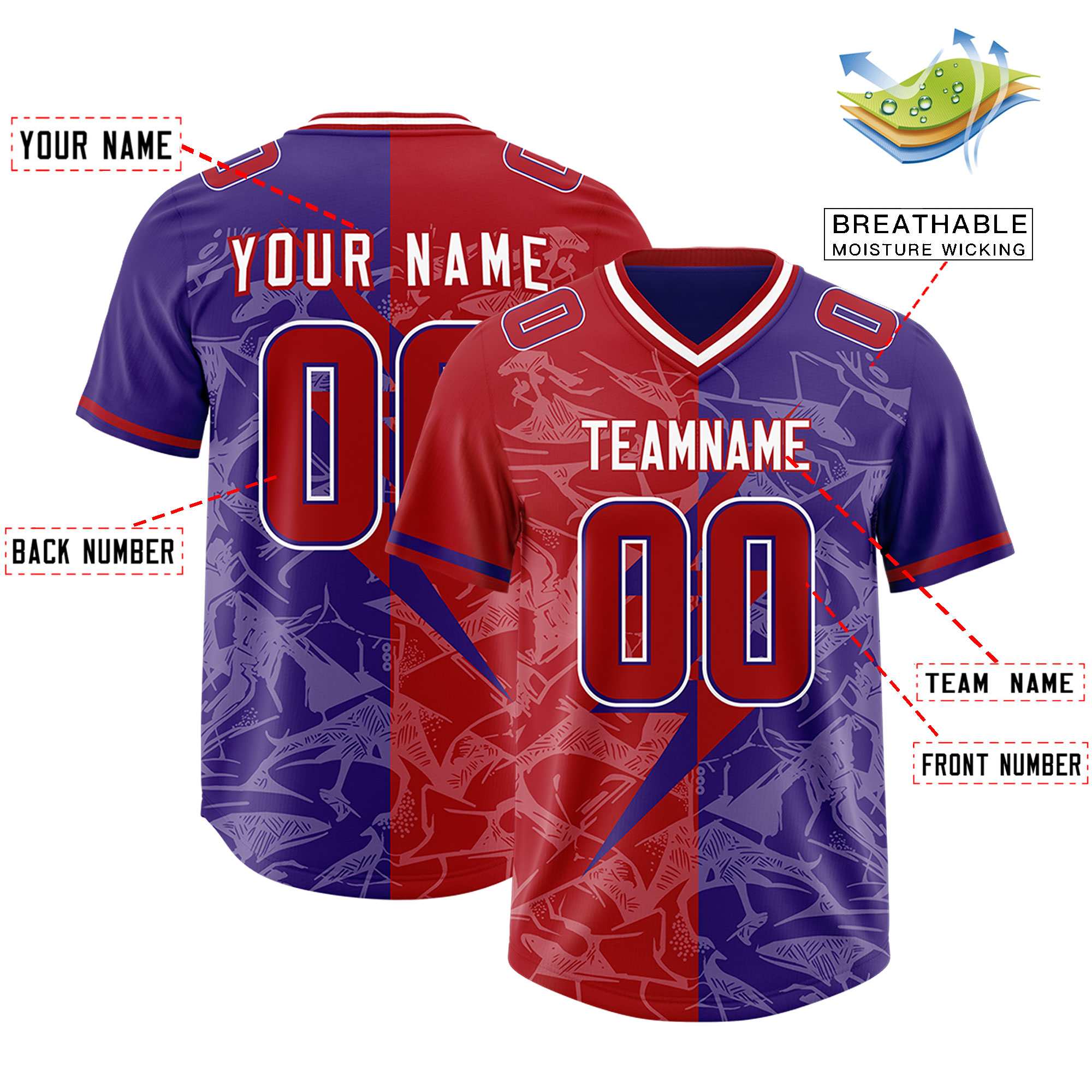 Custom Red Purple Split Personalized Lightning Pattern American Football Jersey