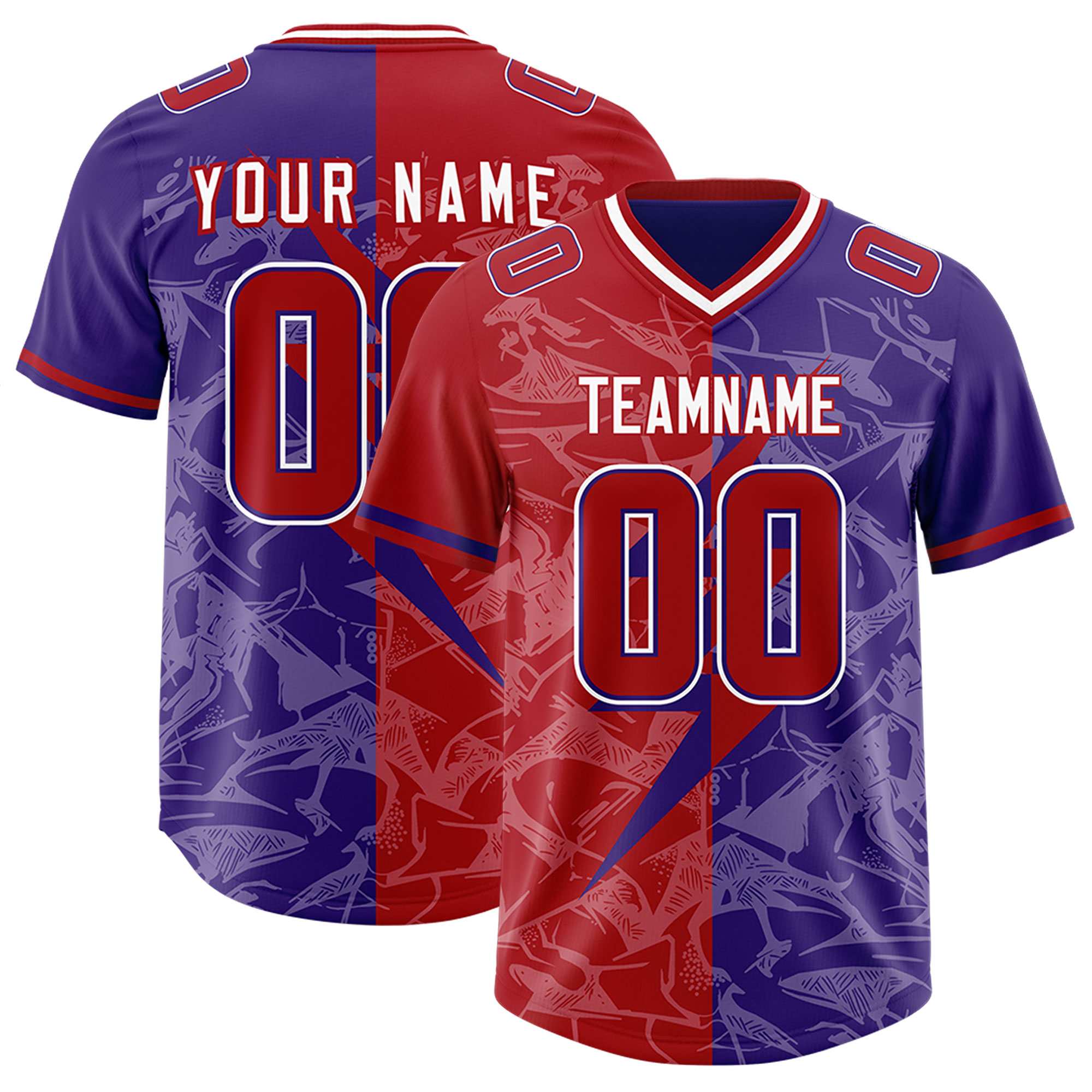 Custom Red Purple Split Personalized Lightning Pattern American Football Jersey