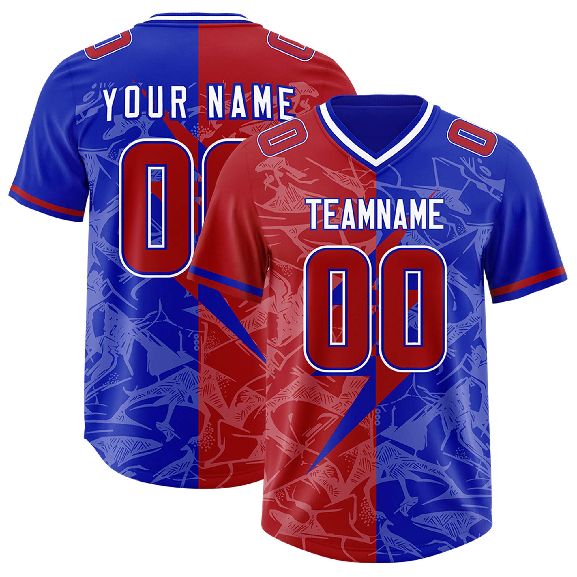 Custom Royal Red Split Personalized Lightning Pattern American Football Jersey