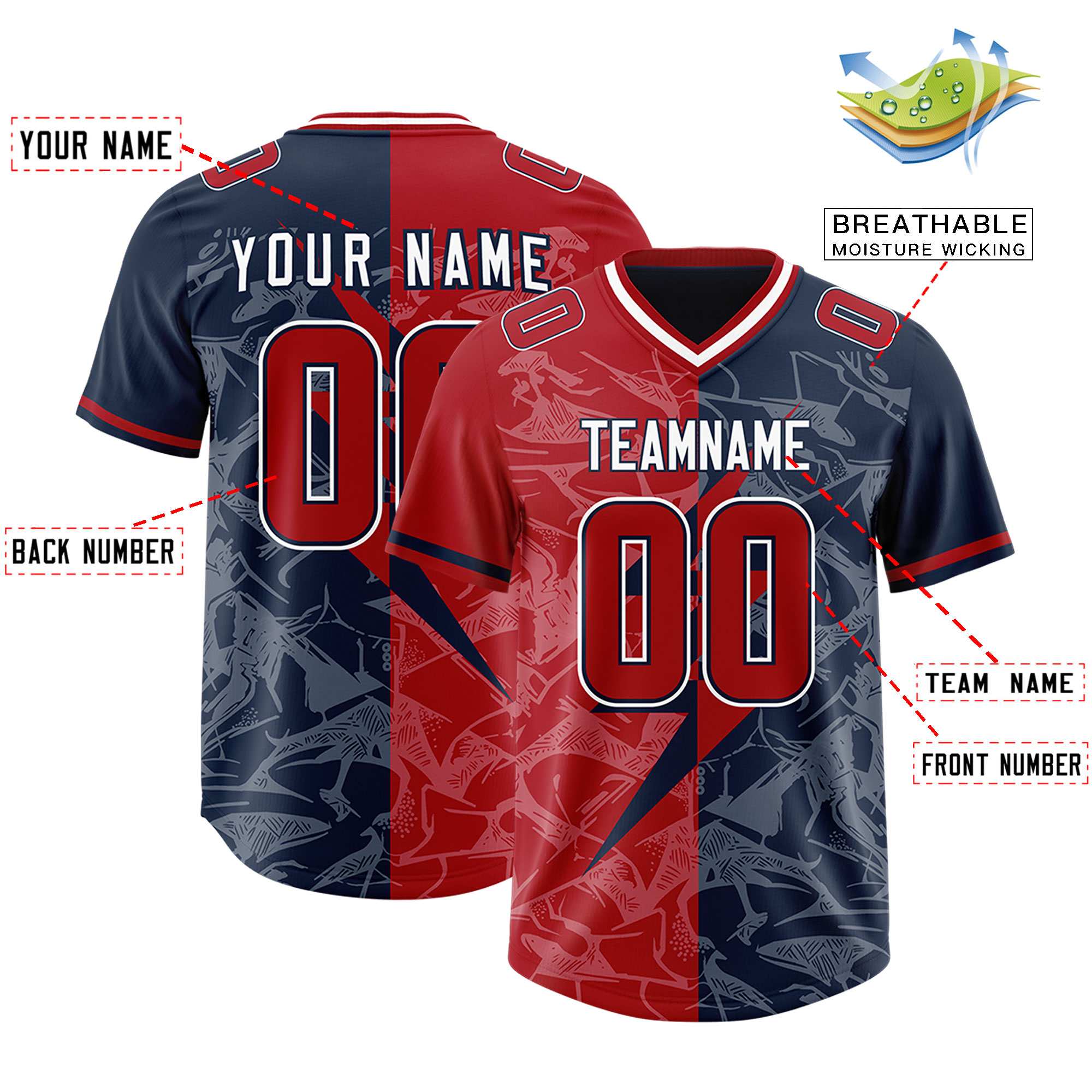 Custom Navy Red Split Personalized Lightning Pattern American Football Jersey