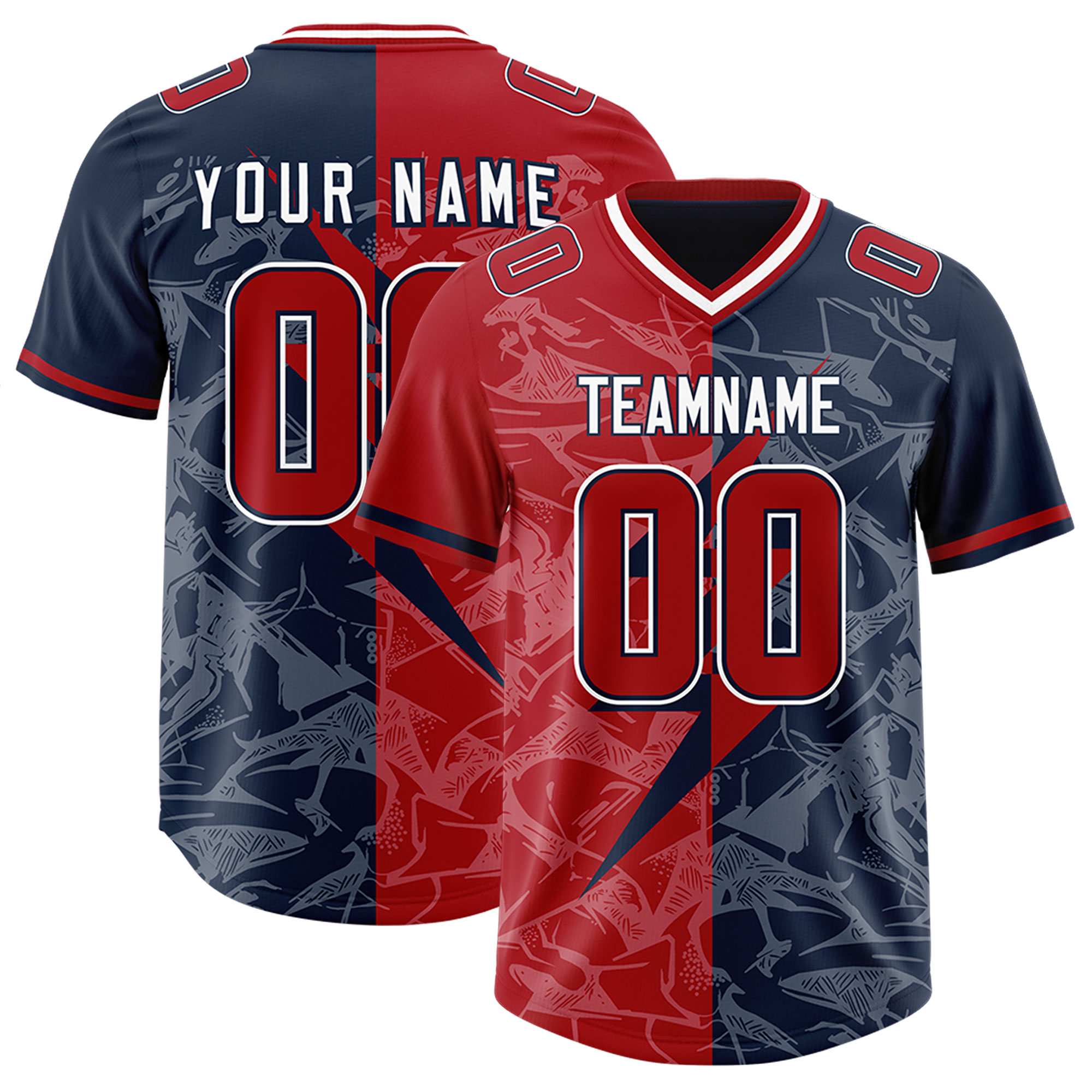 Custom Navy Red Split Personalized Lightning Pattern American Football Jersey