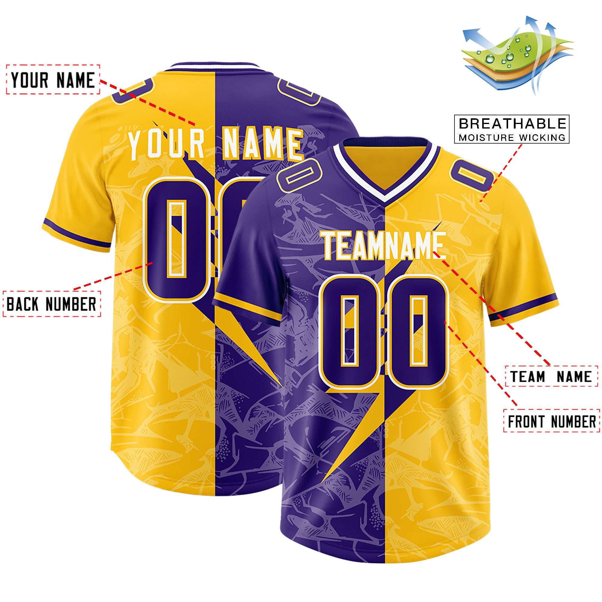 Custom Yellow Purple Split Personalized Lightning Pattern American Football Jersey