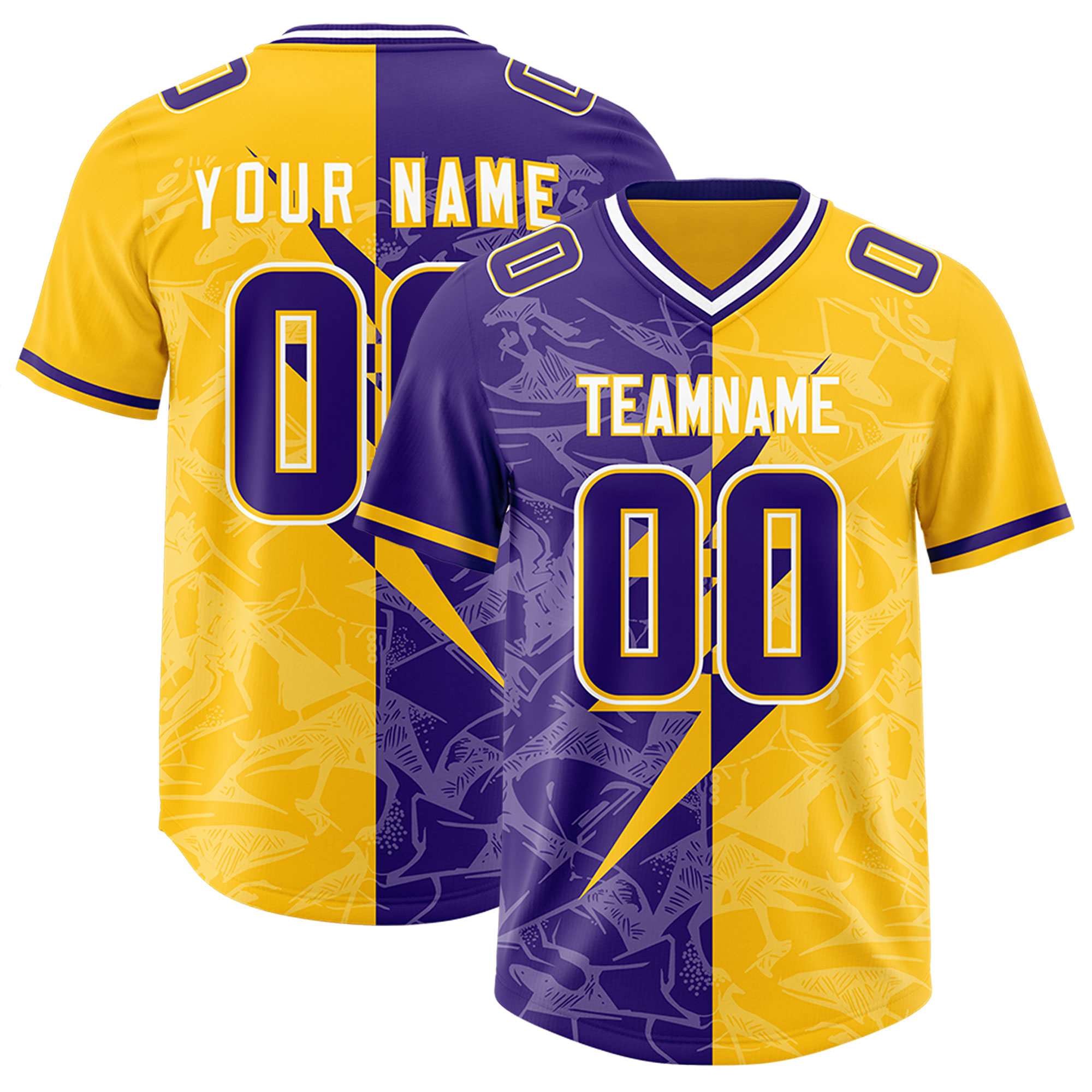 Custom Yellow Purple Split Personalized Lightning Pattern American Football Jersey
