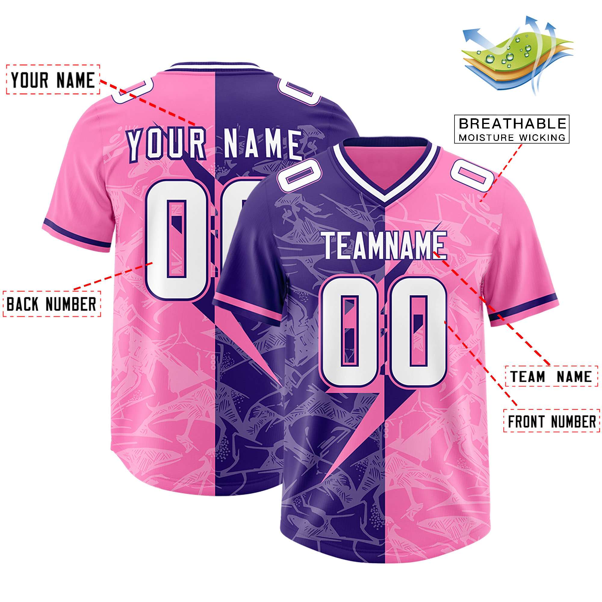 Custom Pink Purple Split Personalized Lightning Pattern American Football Jersey