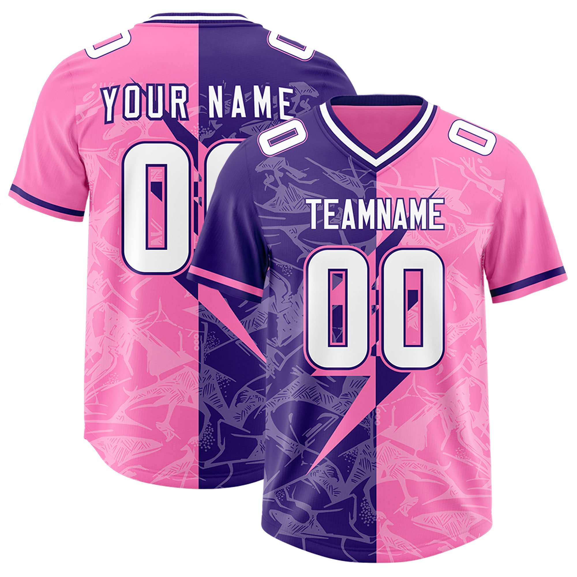 Custom Pink Purple Split Personalized Lightning Pattern American Football Jersey