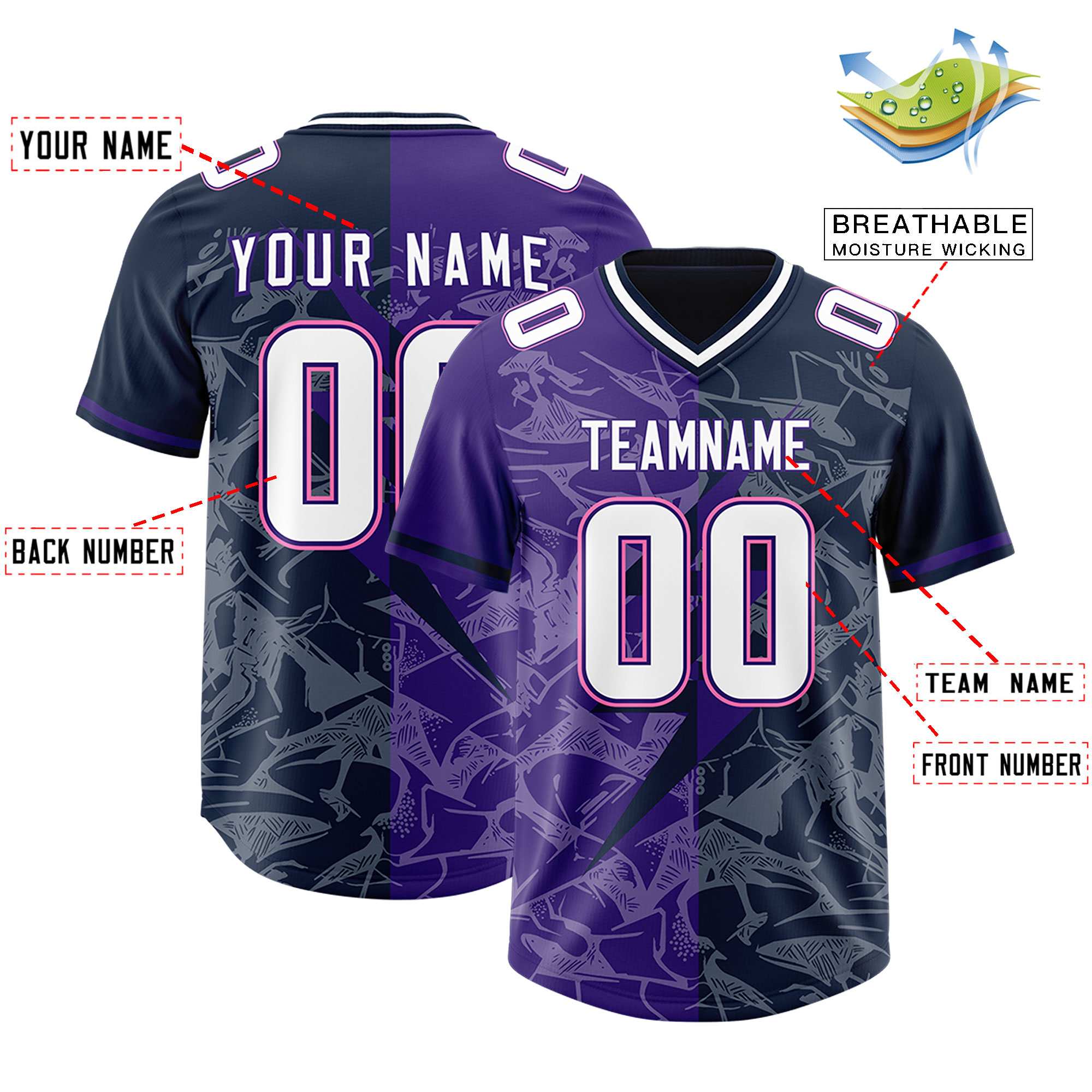 Custom Navy Purple Split Personalized Lightning Pattern American Football Jersey
