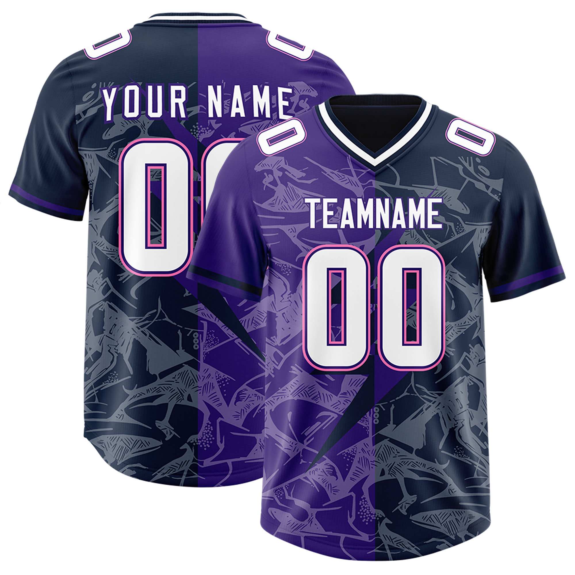 Custom Navy Purple Split Personalized Lightning Pattern American Football Jersey