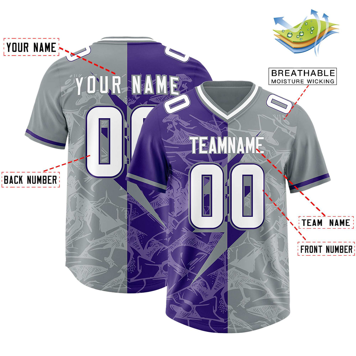 Custom Purple Gray Split Personalized Lightning Pattern American Football Jersey