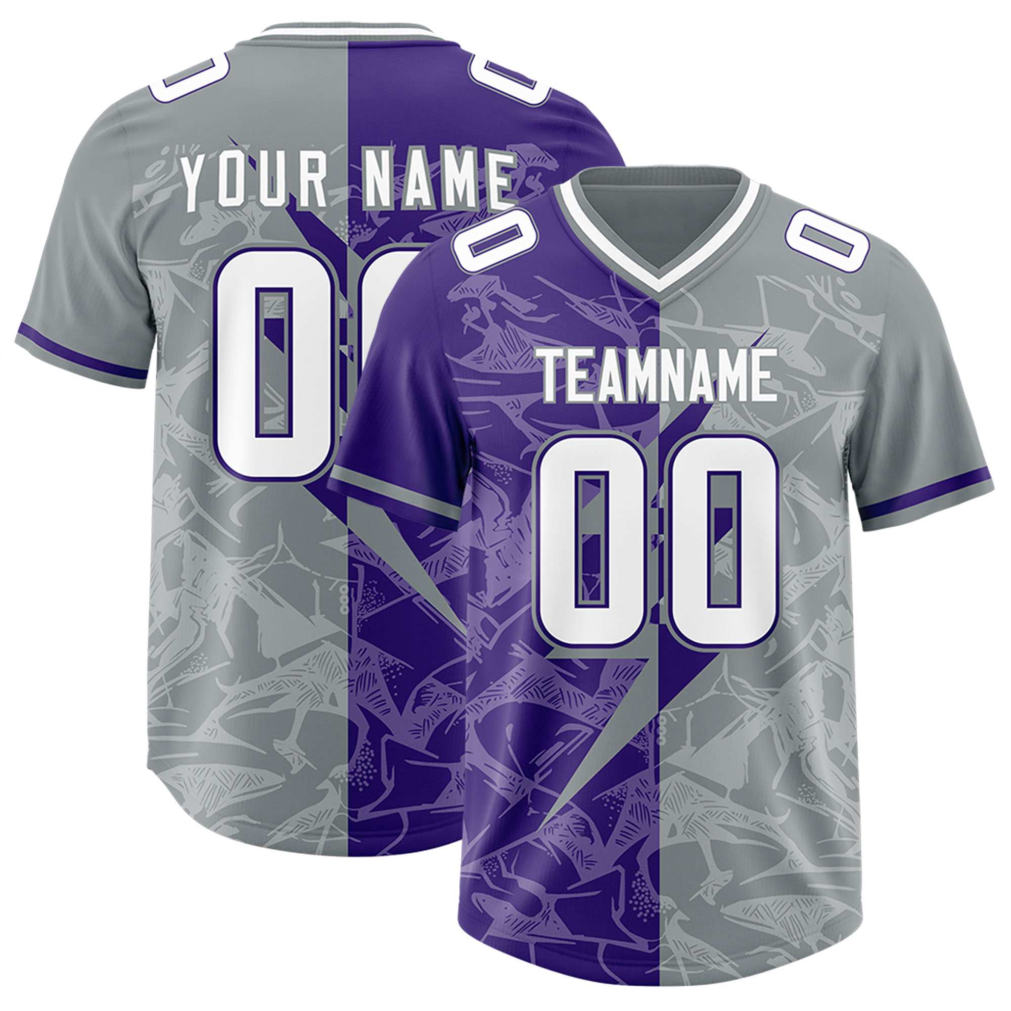 Custom Purple Gray Split Personalized Lightning Pattern American Football Jersey