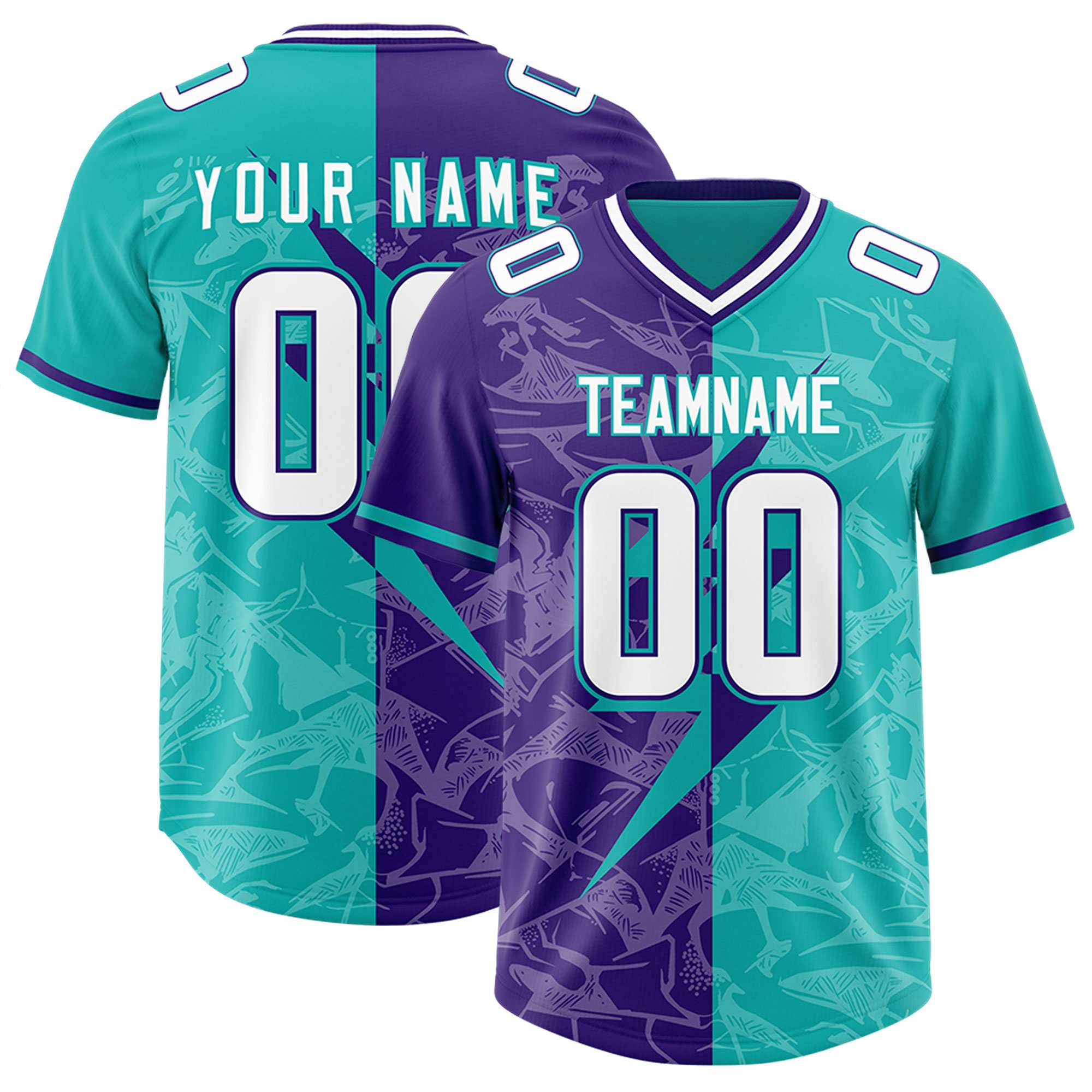 Custom Aqua Purple Split Personalized Lightning Pattern American Football Jersey