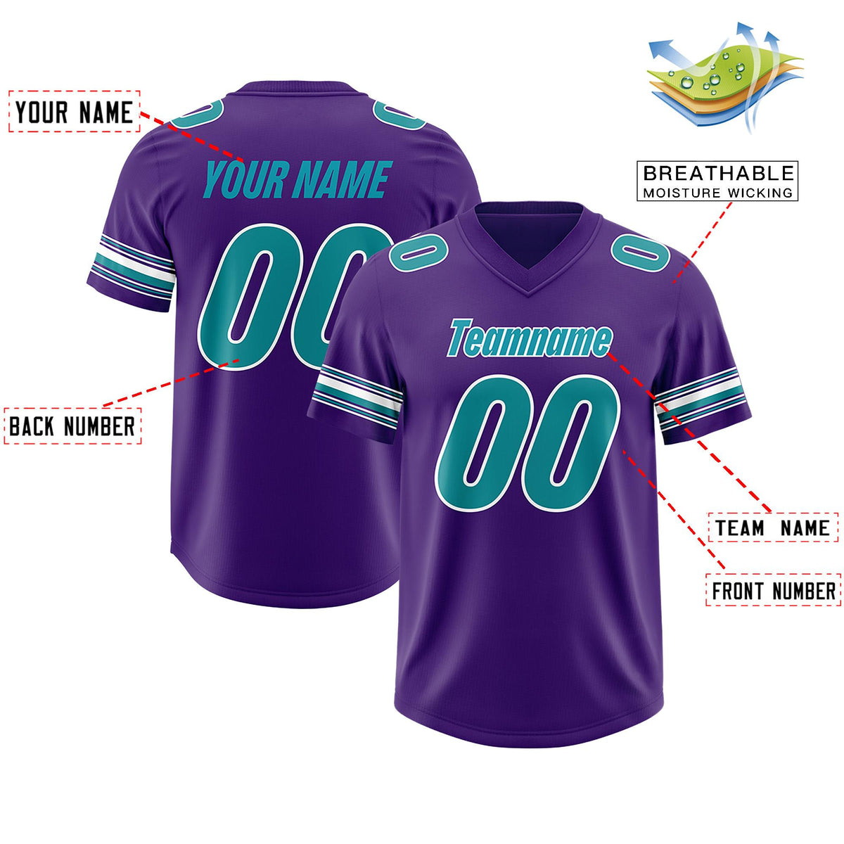 Custom Purple Aqua Retro Personalized Sleeve Line Authentic American Football Jersey
