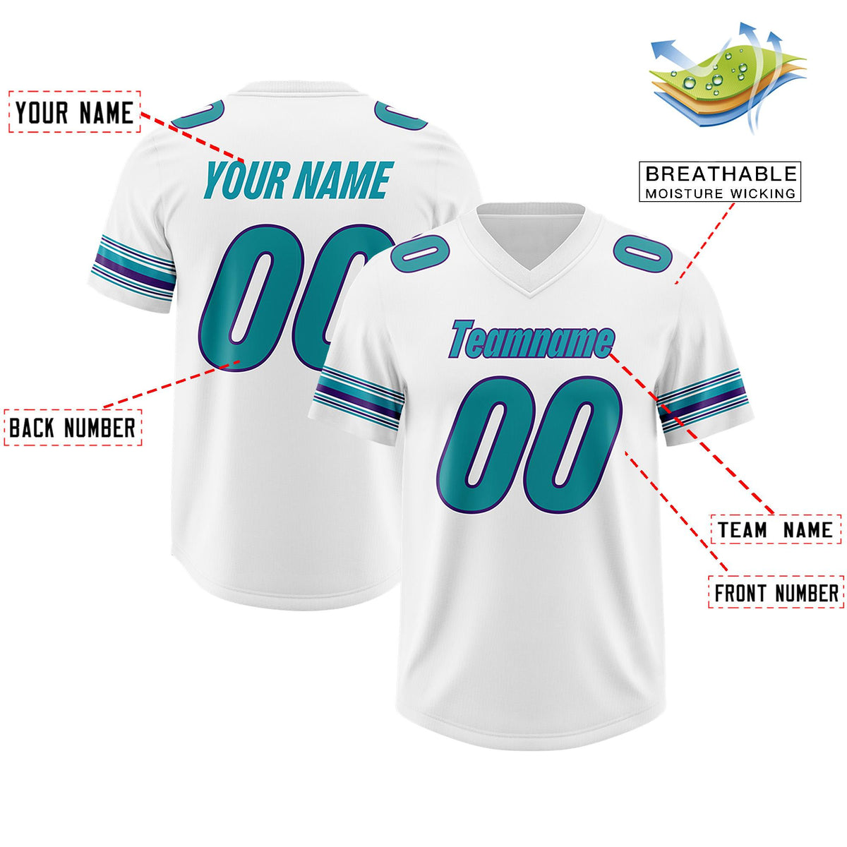 Custom White Aqua Retro Personalized Sleeve Line Authentic American Football Jersey