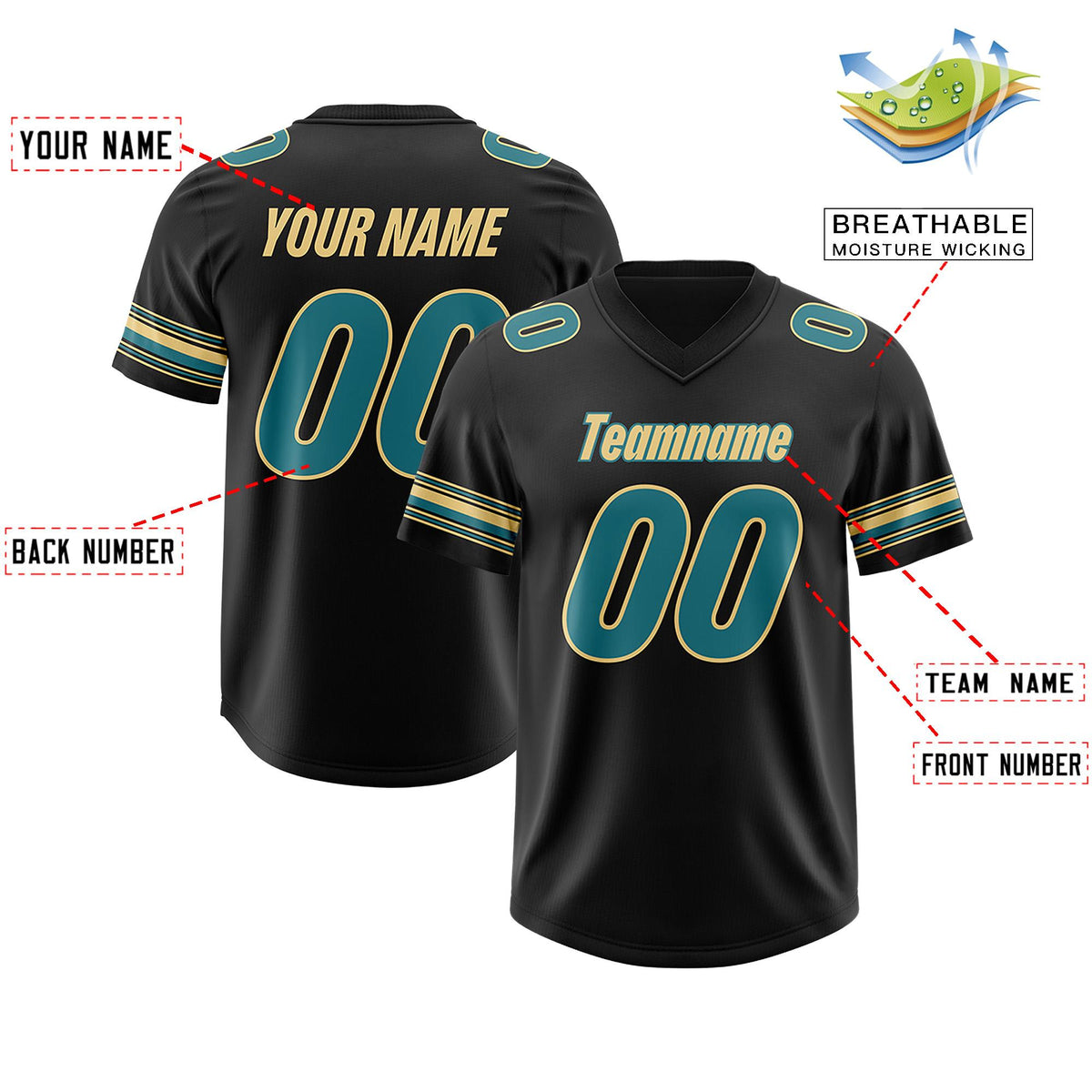 Custom Black Aqua Retro Personalized Sleeve Line Authentic American Football Jersey