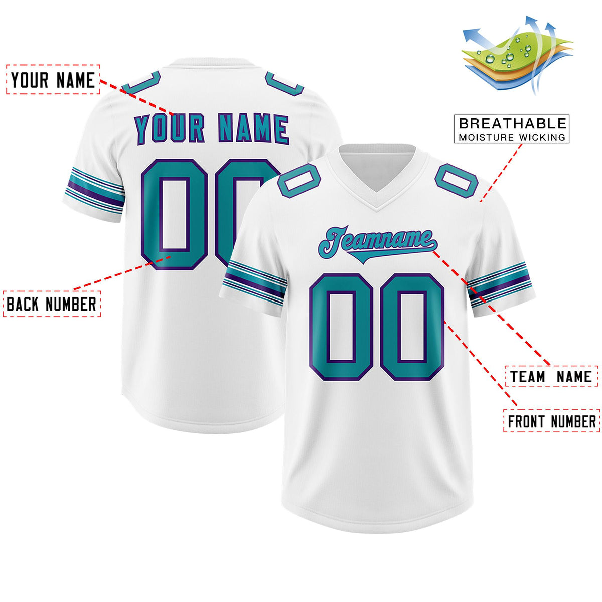 Custom White Aqua Retro Personalized Sleeve Line Authentic American Football Jersey