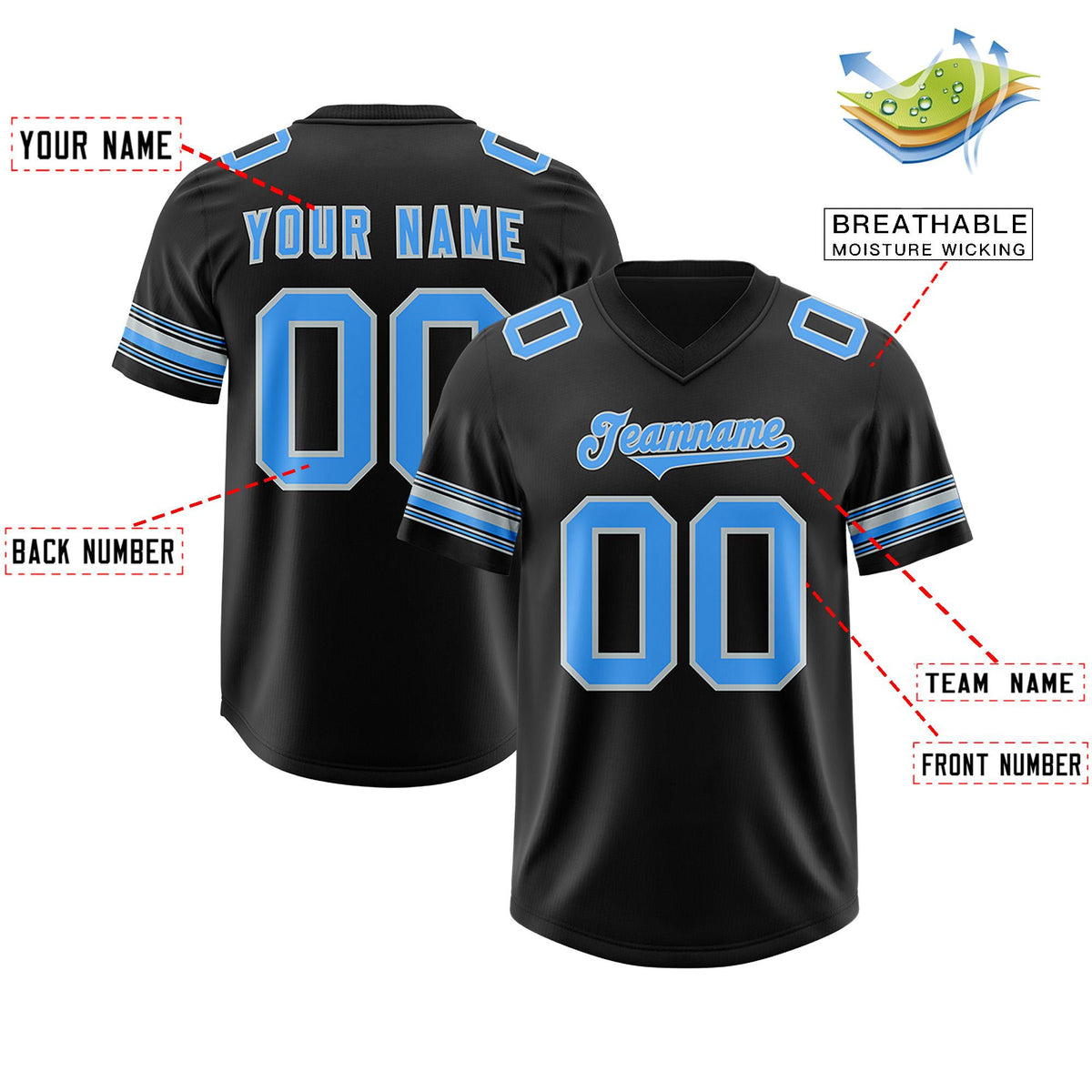 Custom Black Powder Blue Retro Personalized Sleeve Line Authentic American Football Jersey