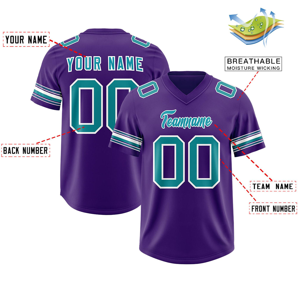 Custom Purple Aqua Retro Personalized Sleeve Line Authentic American Football Jersey