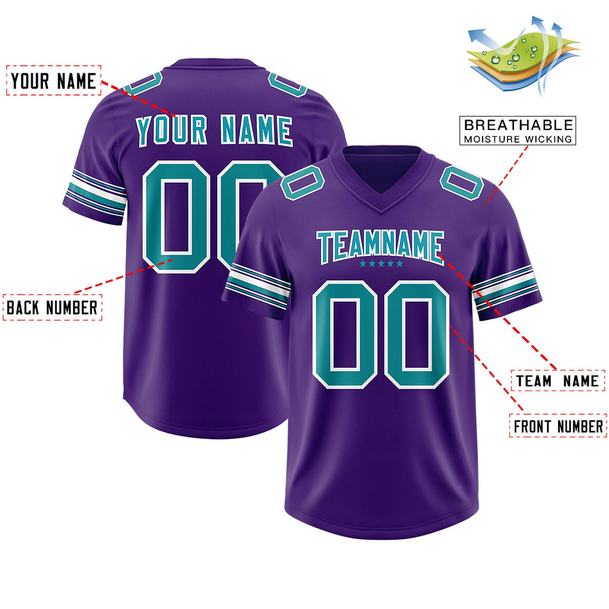 Custom Purple Aqua Retro Personalized Sleeve Line Authentic American Football Jersey