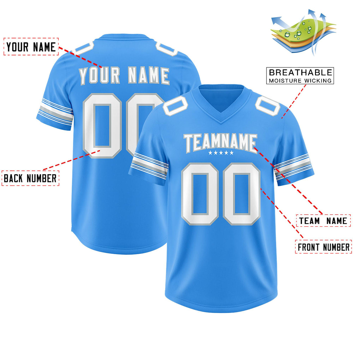 Custom Powder Blue White Retro Personalized Sleeve Line Authentic American Football Jersey