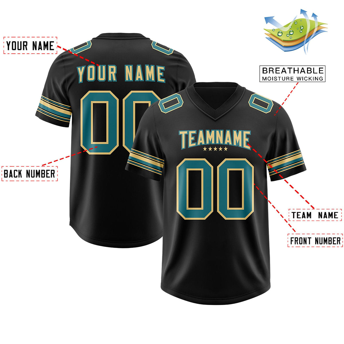 Custom Black Aqua Retro Personalized Sleeve Line Authentic American Football Jersey