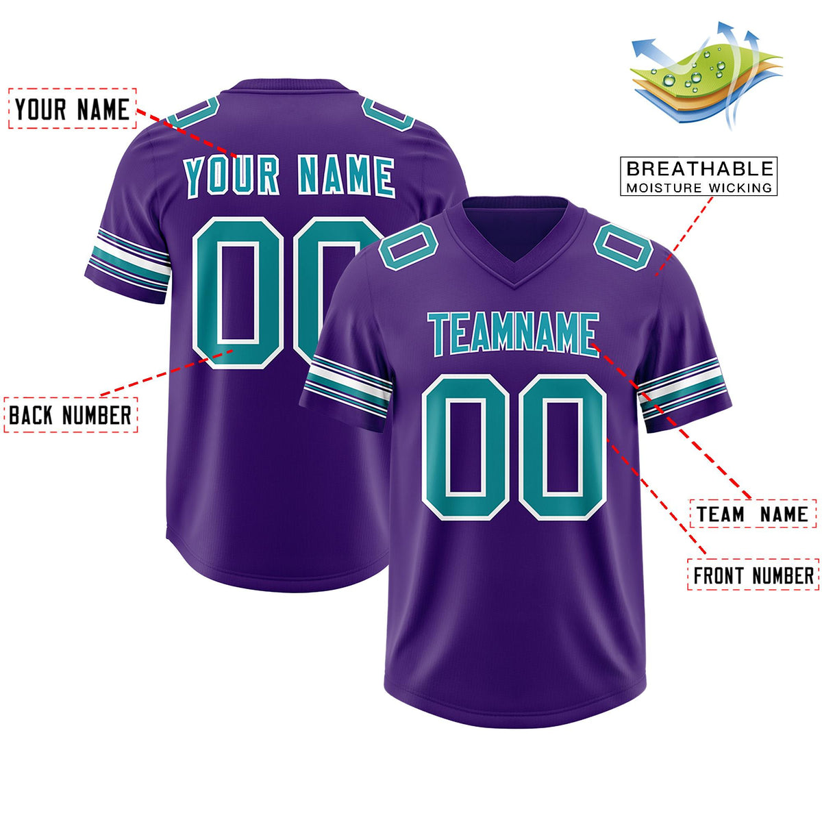 Custom Purple Aqua Retro Personalized Sleeve Line Authentic American Football Jersey