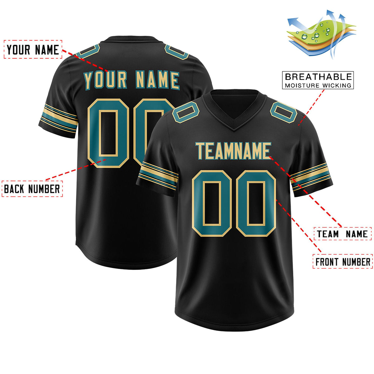 Custom Black Aqua Retro Personalized Sleeve Line Authentic American Football Jersey