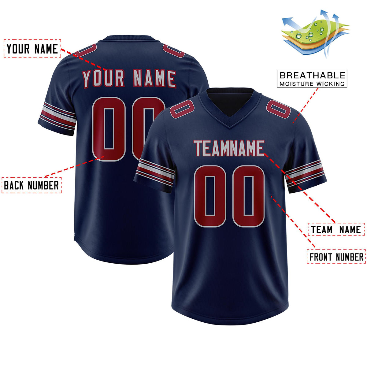 Custom Navy Red Retro Personalized Sleeve Line Authentic American Football Jersey