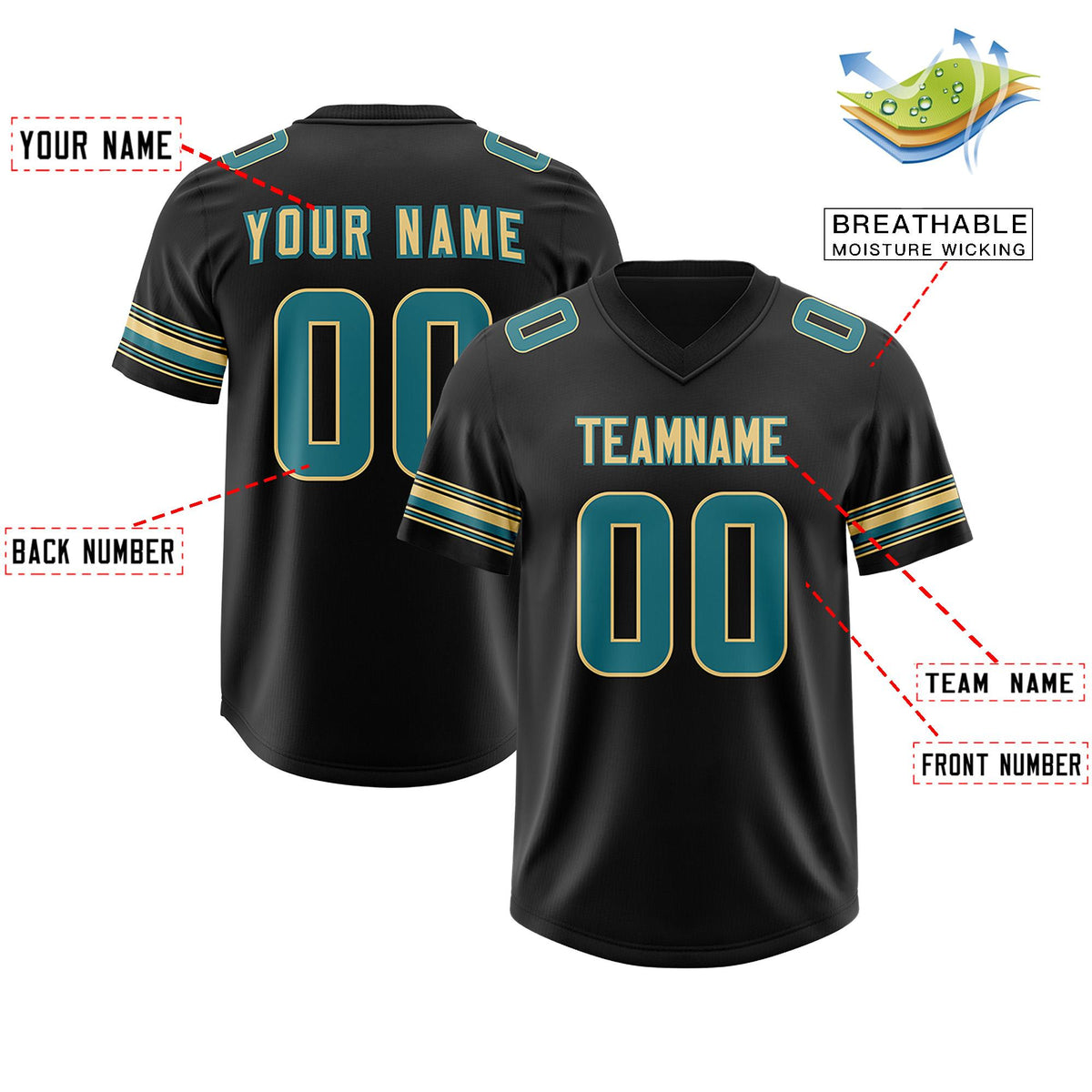 Custom Black Aqua Retro Personalized Sleeve Line Authentic American Football Jersey