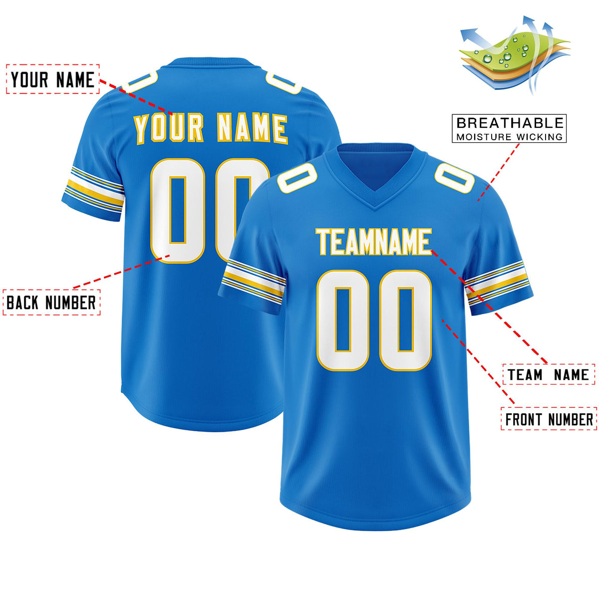 Custom Powder Blue White Retro Personalized Sleeve Line Authentic American Football Jersey