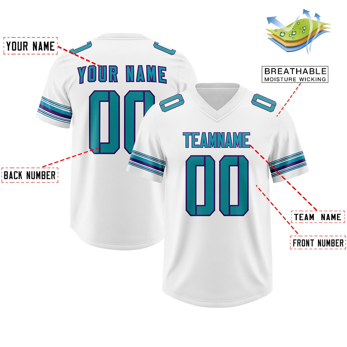Custom White Aqua Retro Personalized Sleeve Line Authentic American Football Jersey