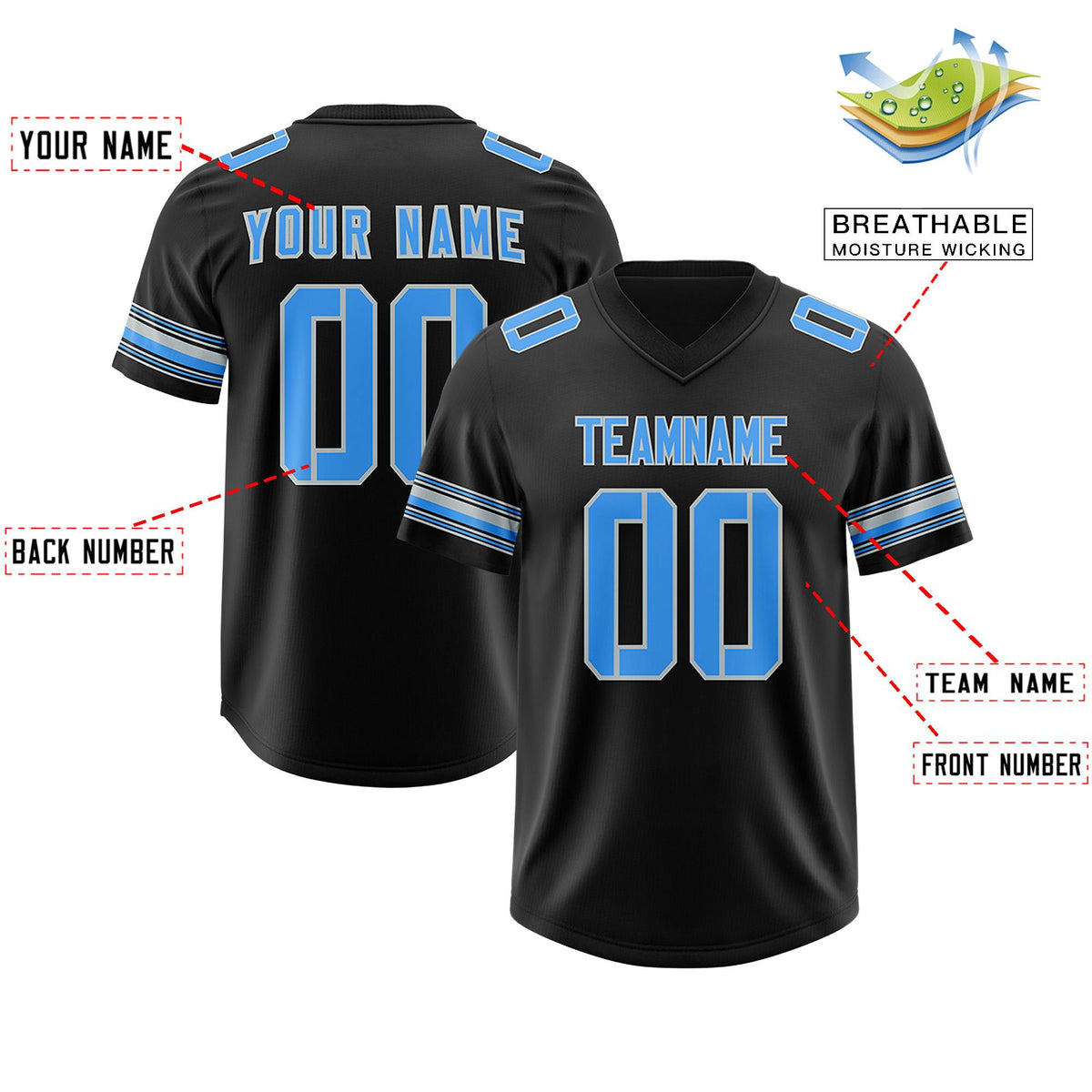 Custom Black Powder Blue Retro Personalized Sleeve Line Authentic American Football Jersey