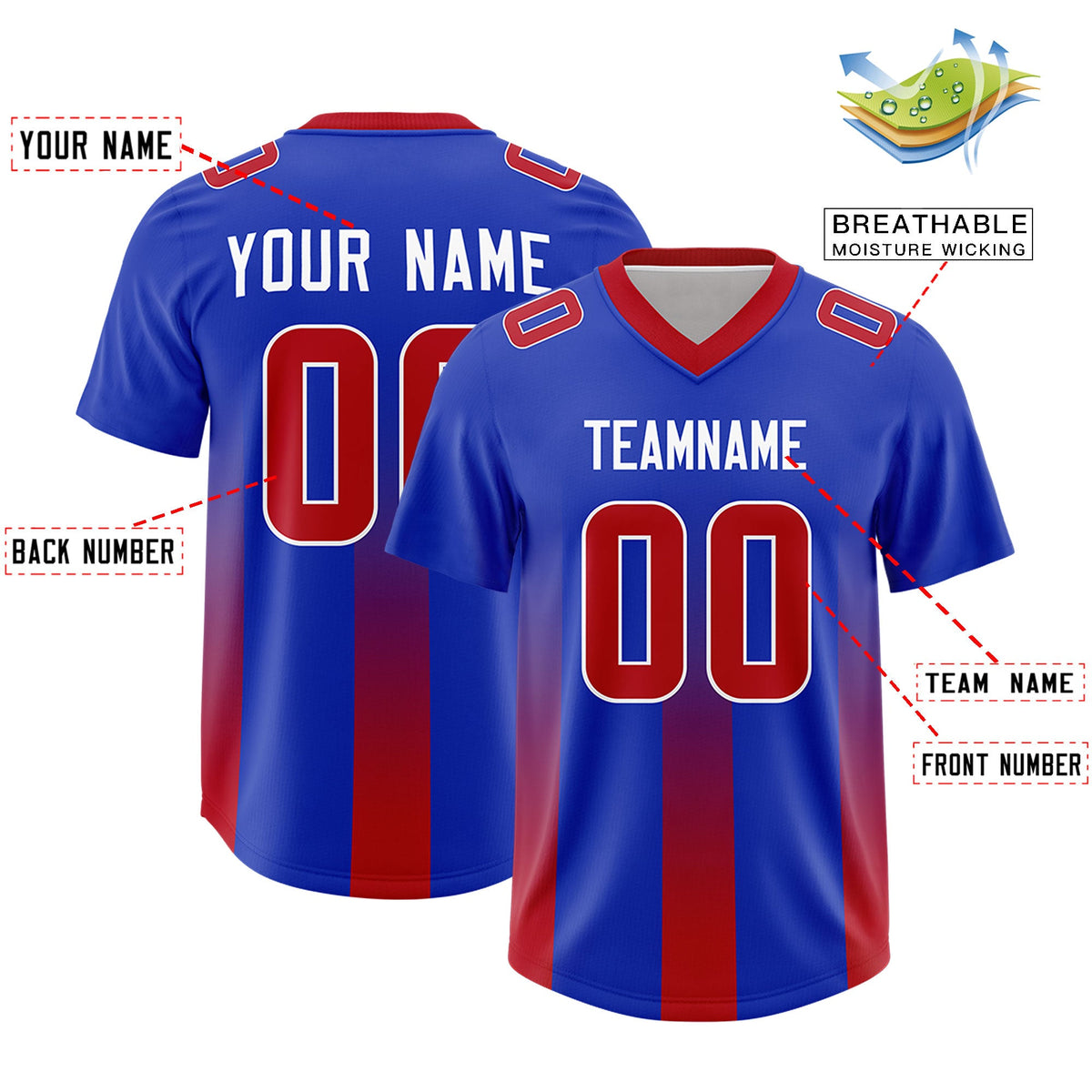 Custom Royal Red Vertical Width Stripe Gradient Fashion Personalized Team American Football Jersey
