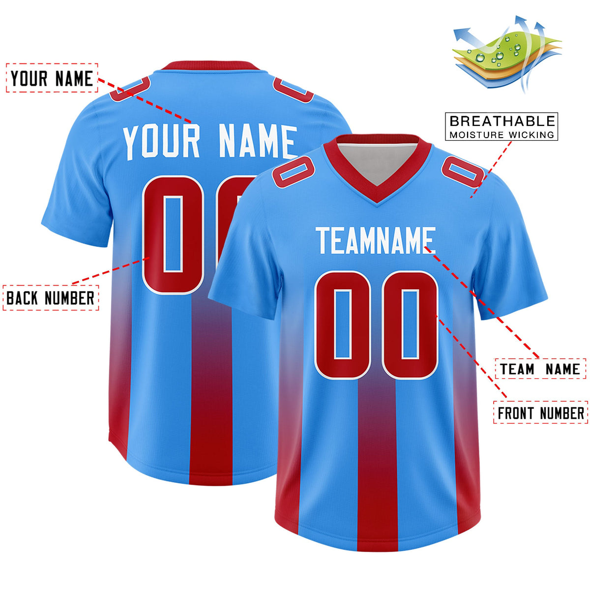 Custom Light Blue Red Vertical Width Stripe Gradient Fashion Personalized Team American Football Jersey